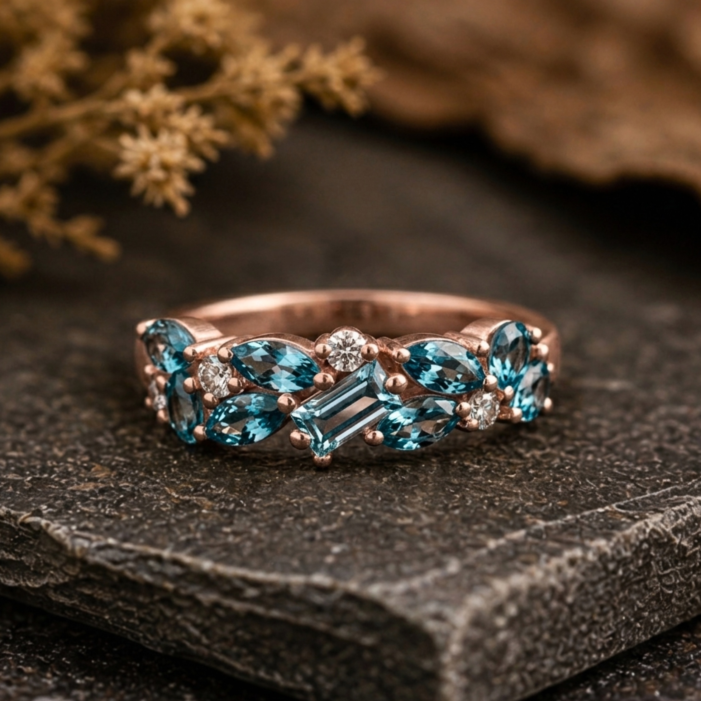Marquise Cut Teal Sapphire Eternity Wedding Band 14k Gold Baguette Cut Moissanite Cluster Matching Engagement Ring, Anniversary Promise Gift
