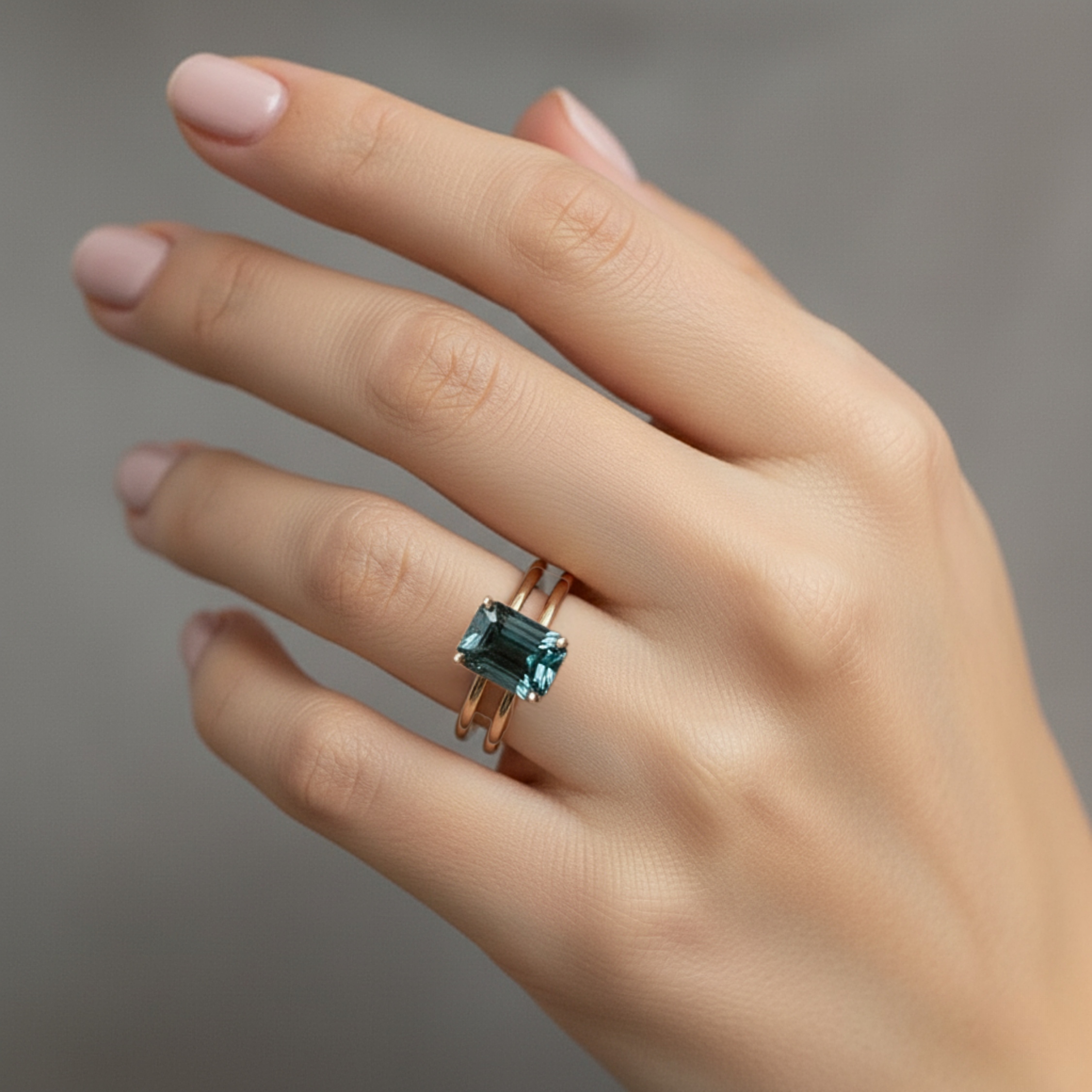 Unique Teal Sapphire Emerald Cut Engagement Ring, Vintage 14k Solid Gold Solitaire Double Band Bridal Wedding Ring, Art Deco Promise Ring
