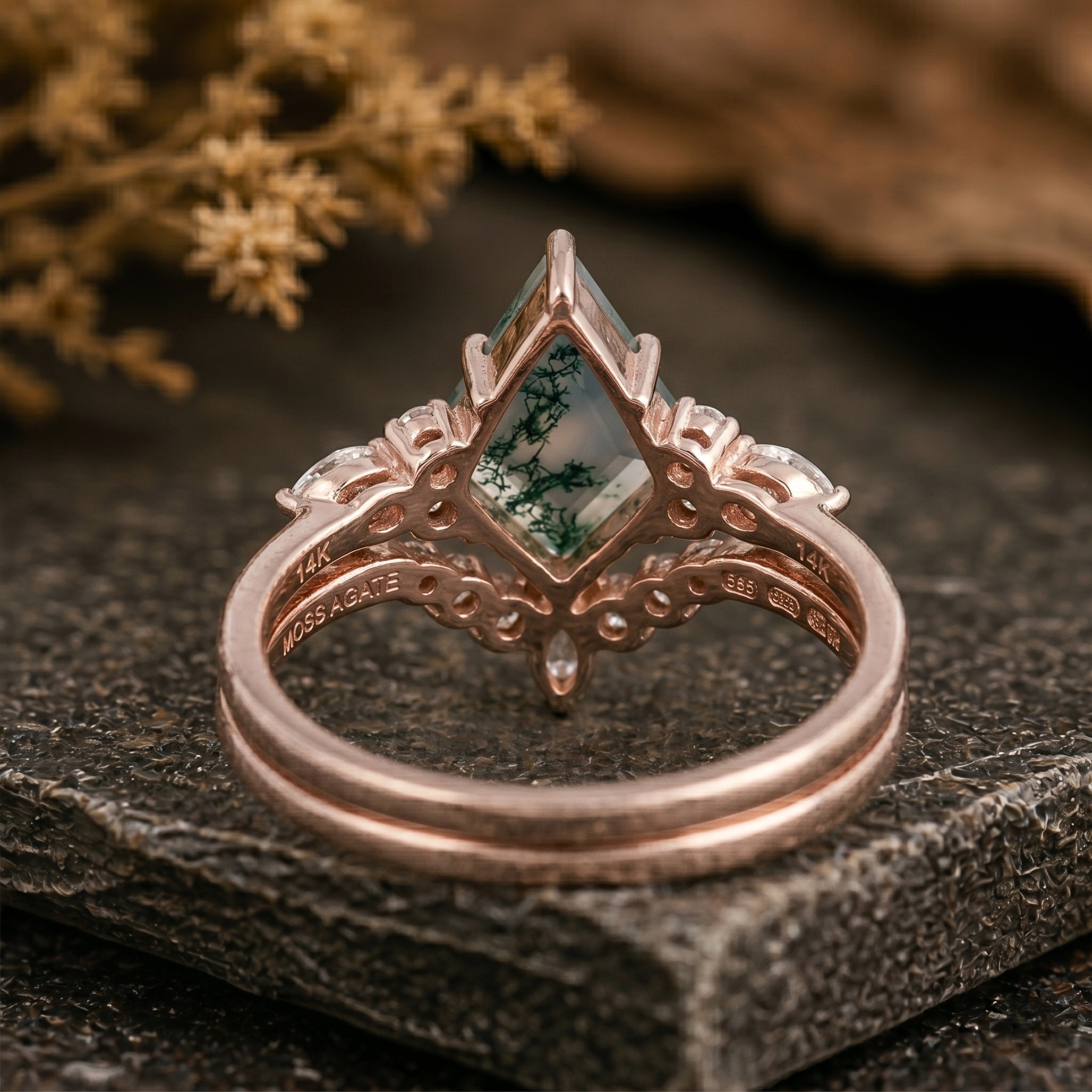 Unique Vintage Kite Cut Green Moss Agate Engagement Ring Set, 14k Rose Gold Wedding Moissanite Ring For Women, Bridal Ring Set Gift For Her