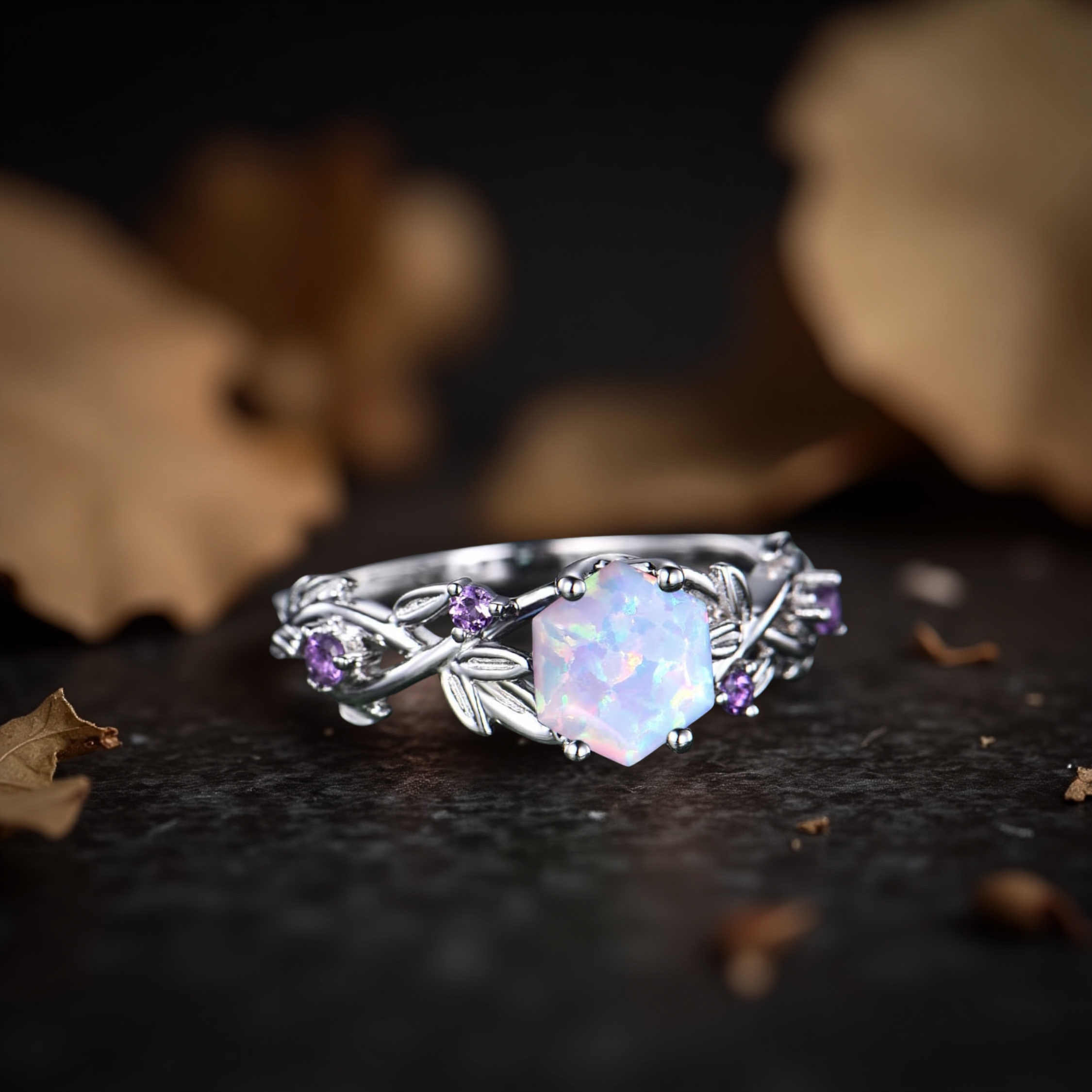 Vintage Hexagon Cut Twig Opal Engagement Ring, White Opal Gold Leaf Amethyst Ring, October Birthstone Ring, Anniversary Gift For Women