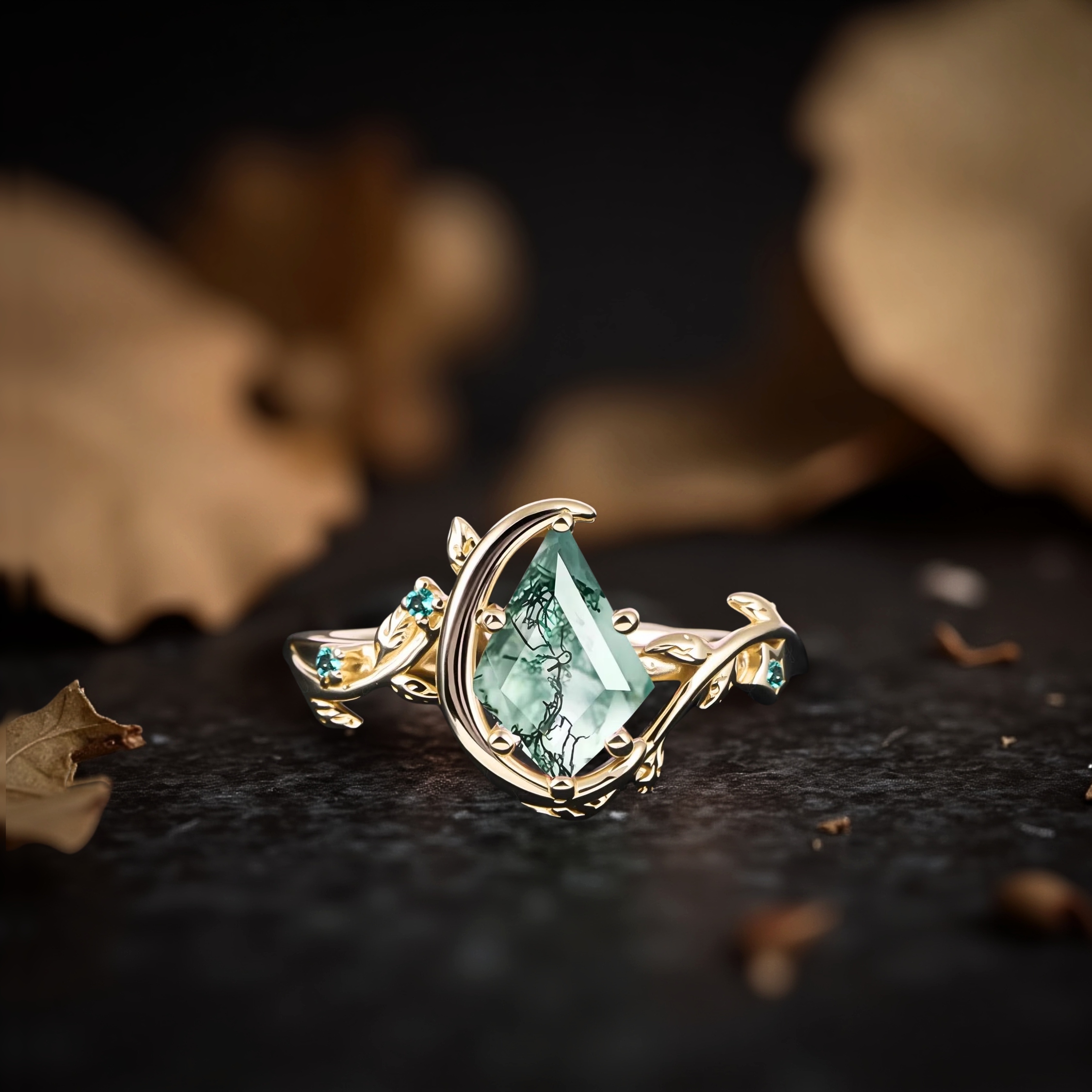 Vintage Kite Moss Agate Engagement Ring Set 14k Solid Gold Leaf Women Moon Green Gemstone Ring Bridal Set Promise Ring Anniversary Gift