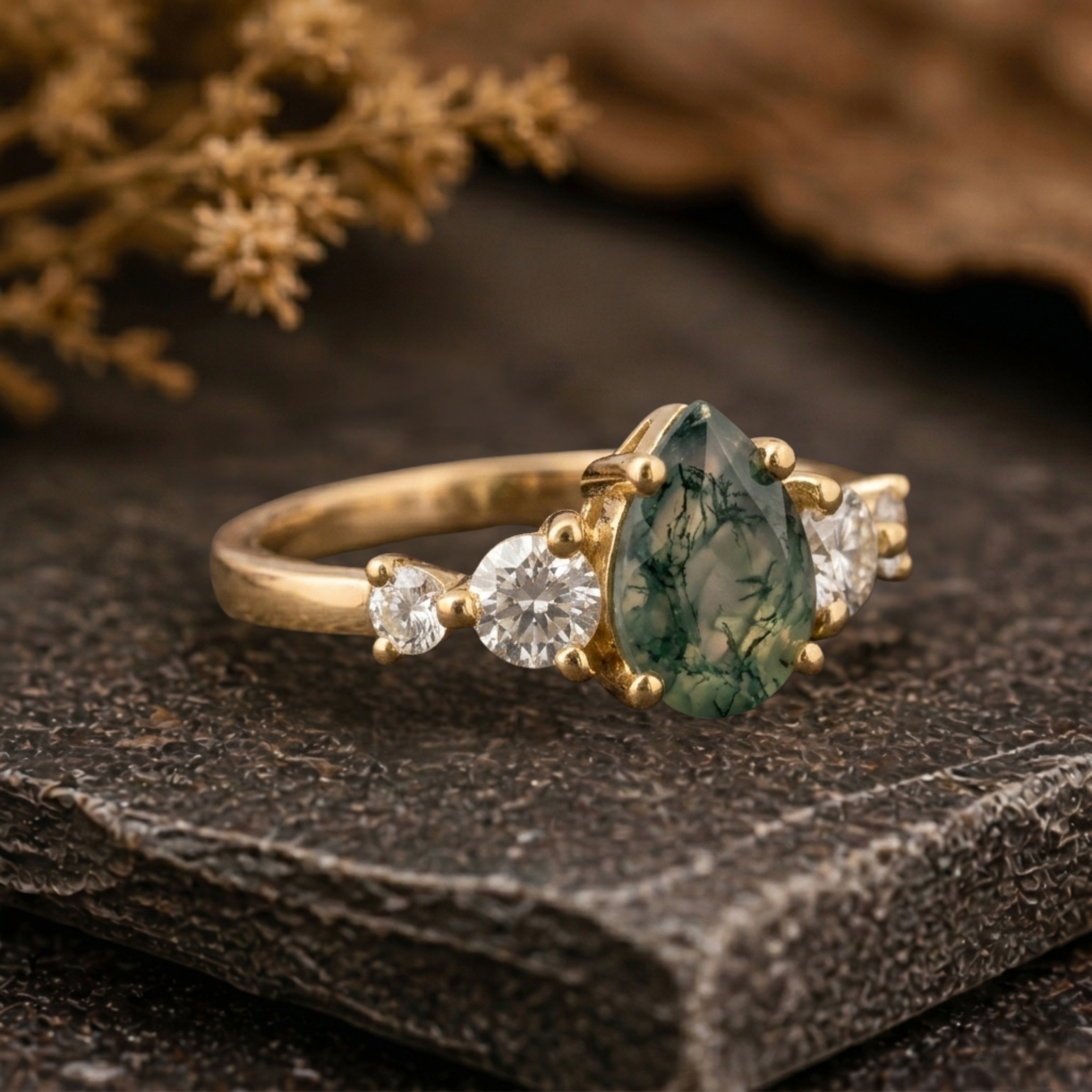 Vintage Pear Cut Moss Agate Engagement Ring, 14k Gold Moissanite Promise Wedding Bridal Jewelry, Agate Anniversary Birthday Gifts for Her