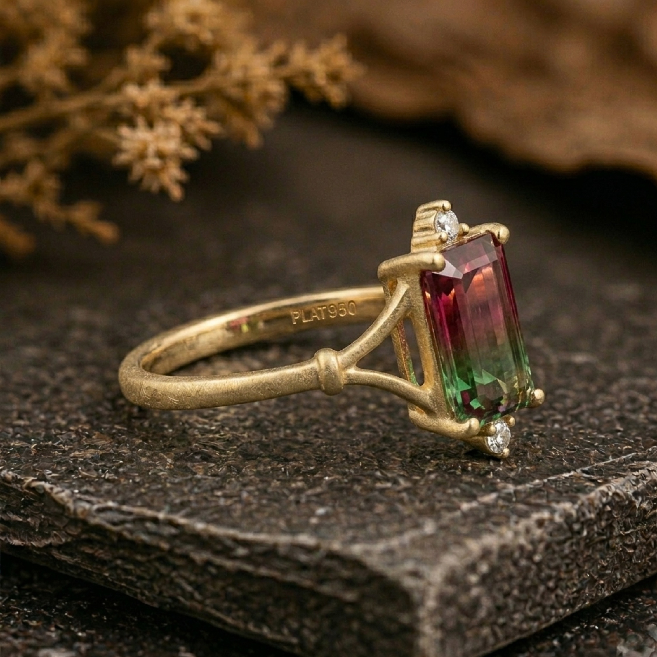Emerald Cut Watermelon Tourmaline Ring, Bi-Color Pink/Green Engagement Ring, Art Deco Minimalist Moissanite Wedding Ring, Anniversary Gift