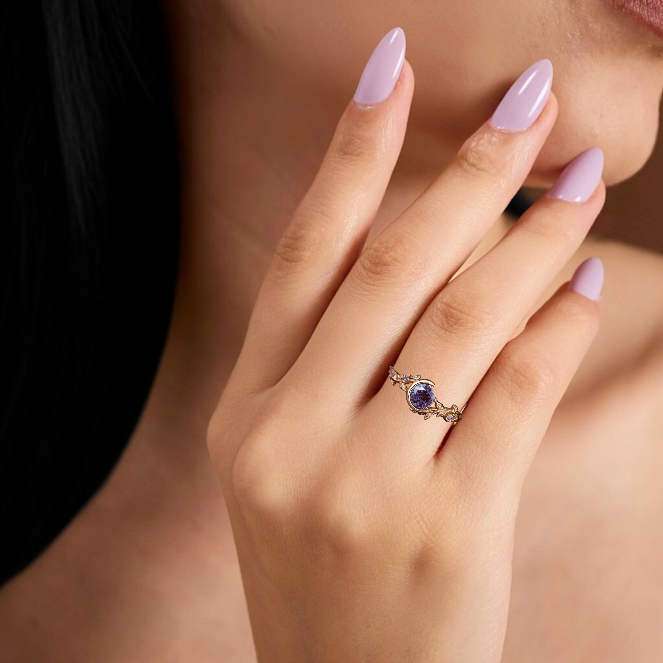 Unique Round Alexandrite Ring 14KRose Gold Twig Leaf Vine Crescent Moon Star Cluster Engagement Ring June Birthstone Purple Anniversary Gift