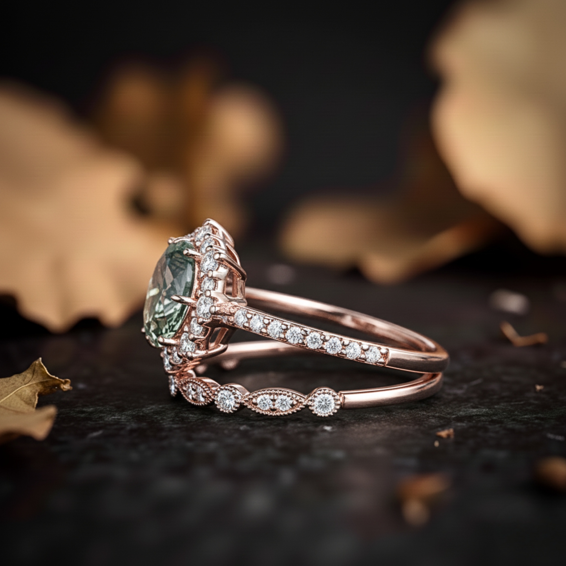 Vintage Moss Agate Halo Engagement Ring Set, Unique Rose Gold Oval Cut Wedding Set, Moss Agate Bridal Set Promise Ring Anniversary Ring Gift