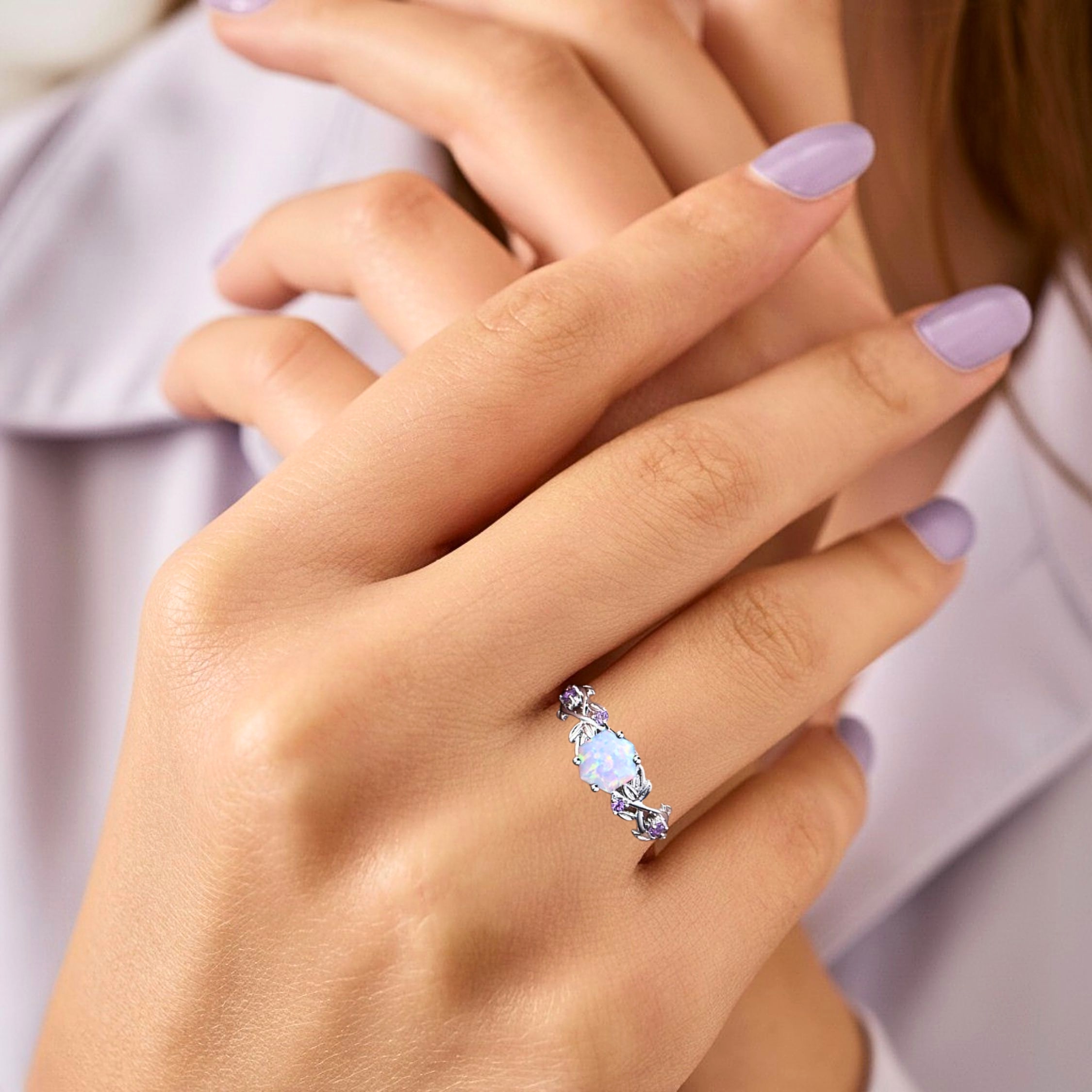 Vintage Hexagon Cut Twig Opal Engagement Ring, White Opal Gold Leaf Amethyst Ring, October Birthstone Ring, Anniversary Gift For Women