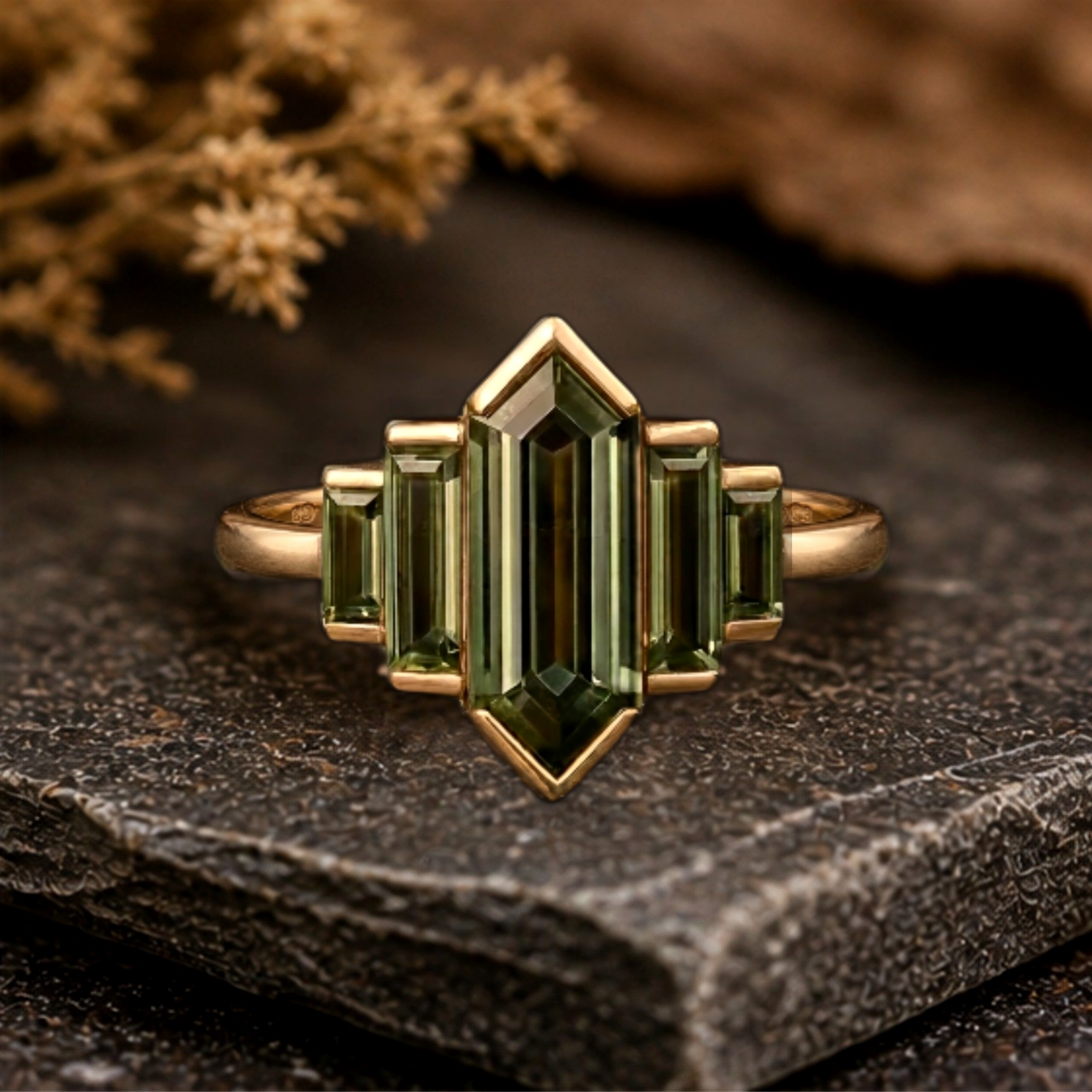 Vintage Long Hexagon Cut Green Amethyst Ring, Art Deco Baguette Amethyst Engagement Ring, Promise Bridal Jewelry For Her, Anniversary Gift