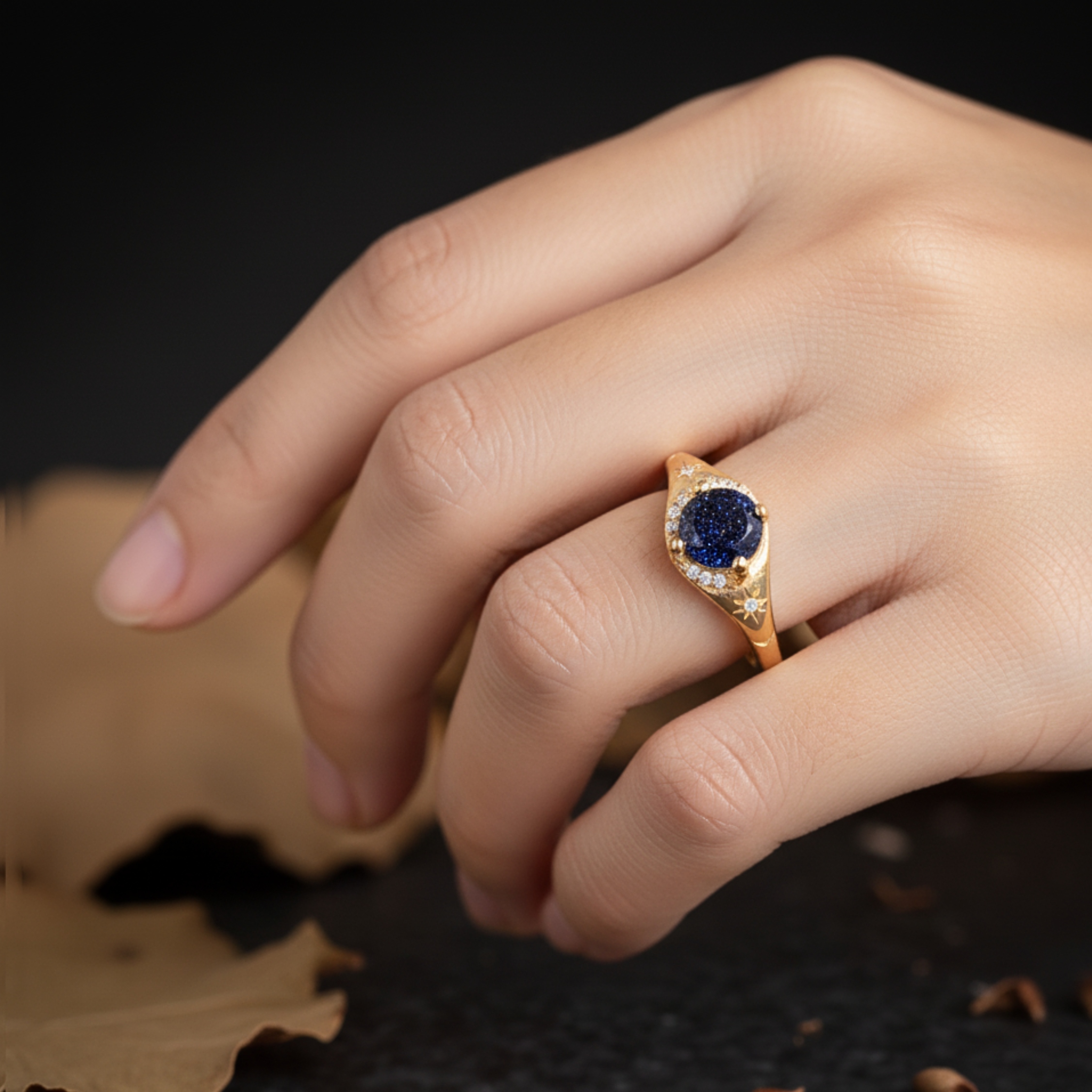 Blue Sandstone Diamond Ring, Moon Crescent Wedding Ring, Moissanite Moon And Star Ring, Minimalist Summer jewelry Gift Ring For Women