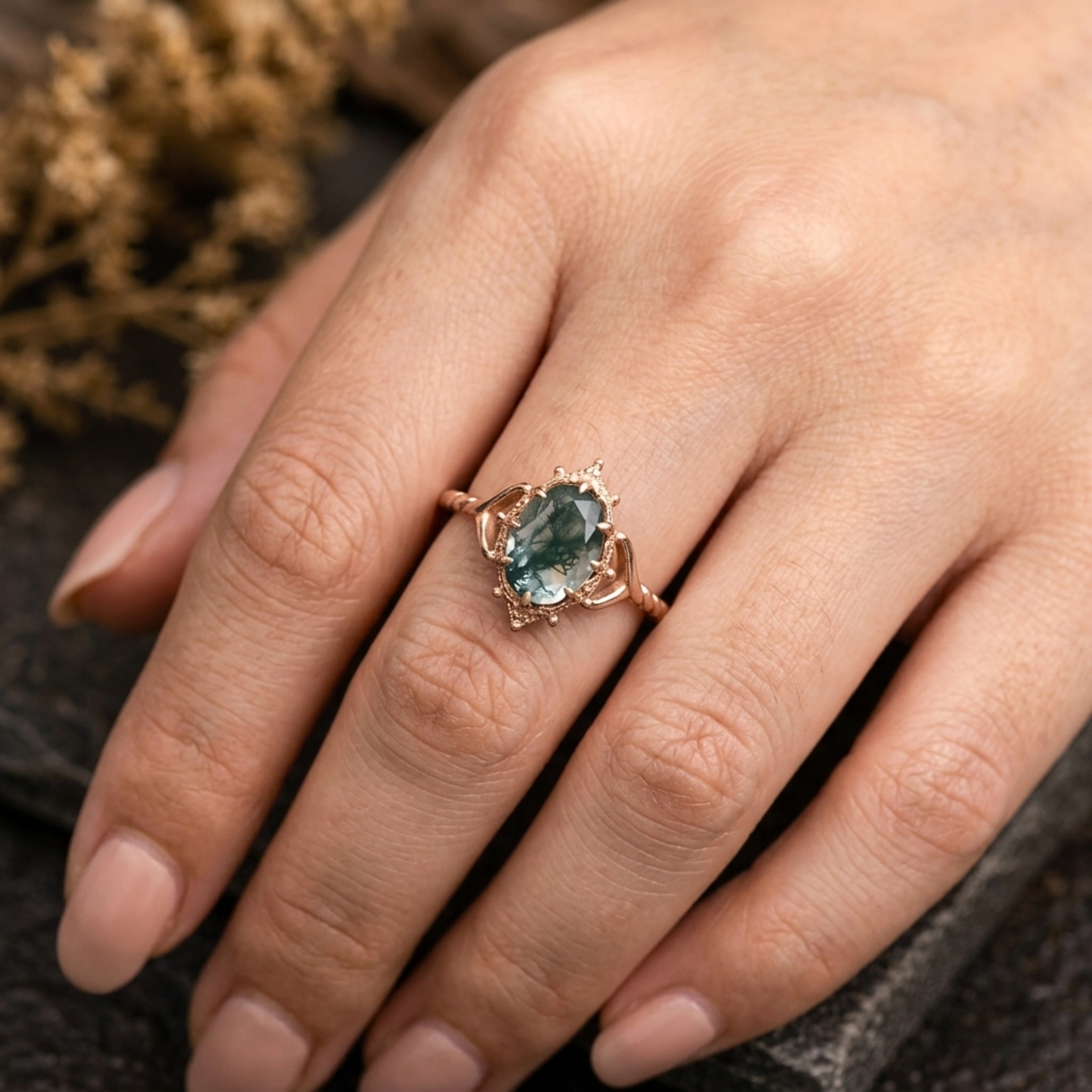 Art Deco Oval Moss Agate Engagement Ring, Vintage Style, Green Gemstone Bridal Anniversary Gift