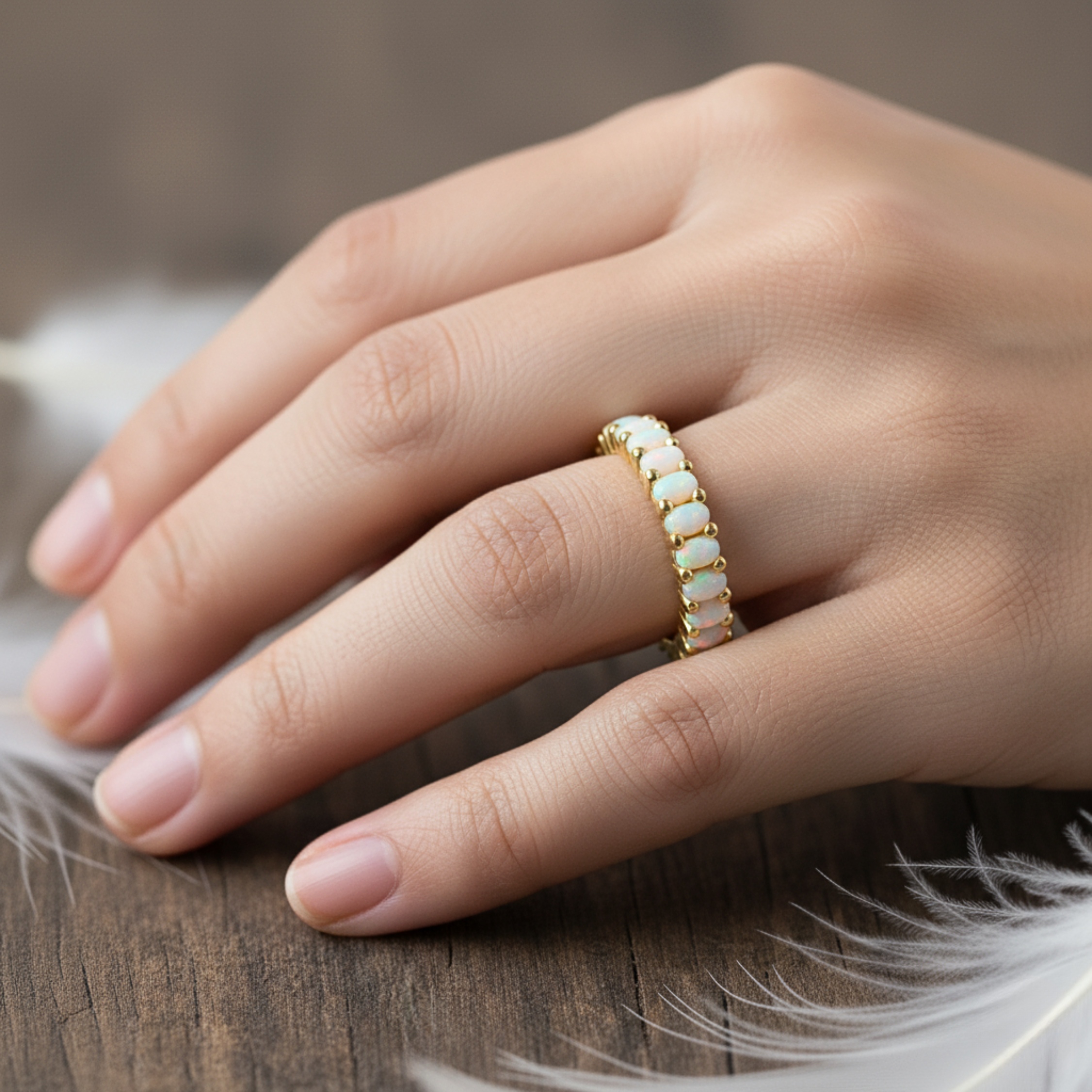Opal Eternity Ring, Dainty Opal Gold Ring, Silver Opal Minimalist Ring, White Opal Stacking Ring, Gift For Her, Anniversary Gift For Women