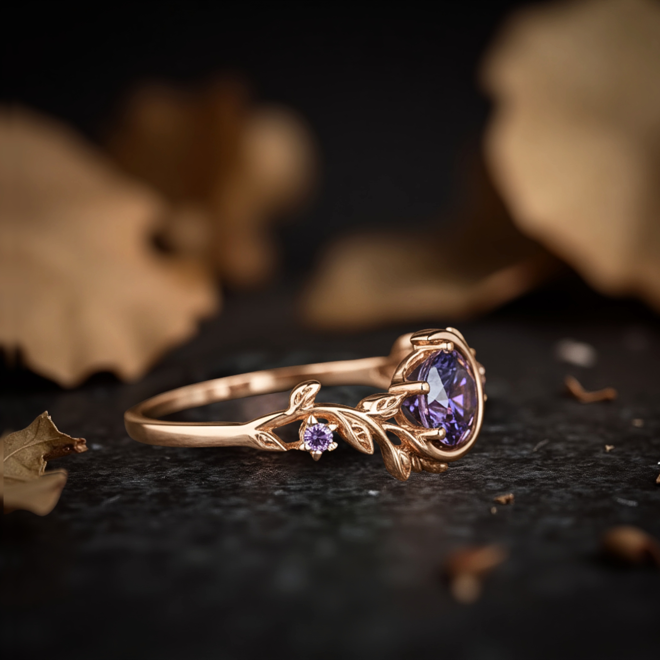 Unique Round Alexandrite Ring 14KRose Gold Twig Leaf Vine Crescent Moon Star Cluster Engagement Ring June Birthstone Purple Anniversary Gift