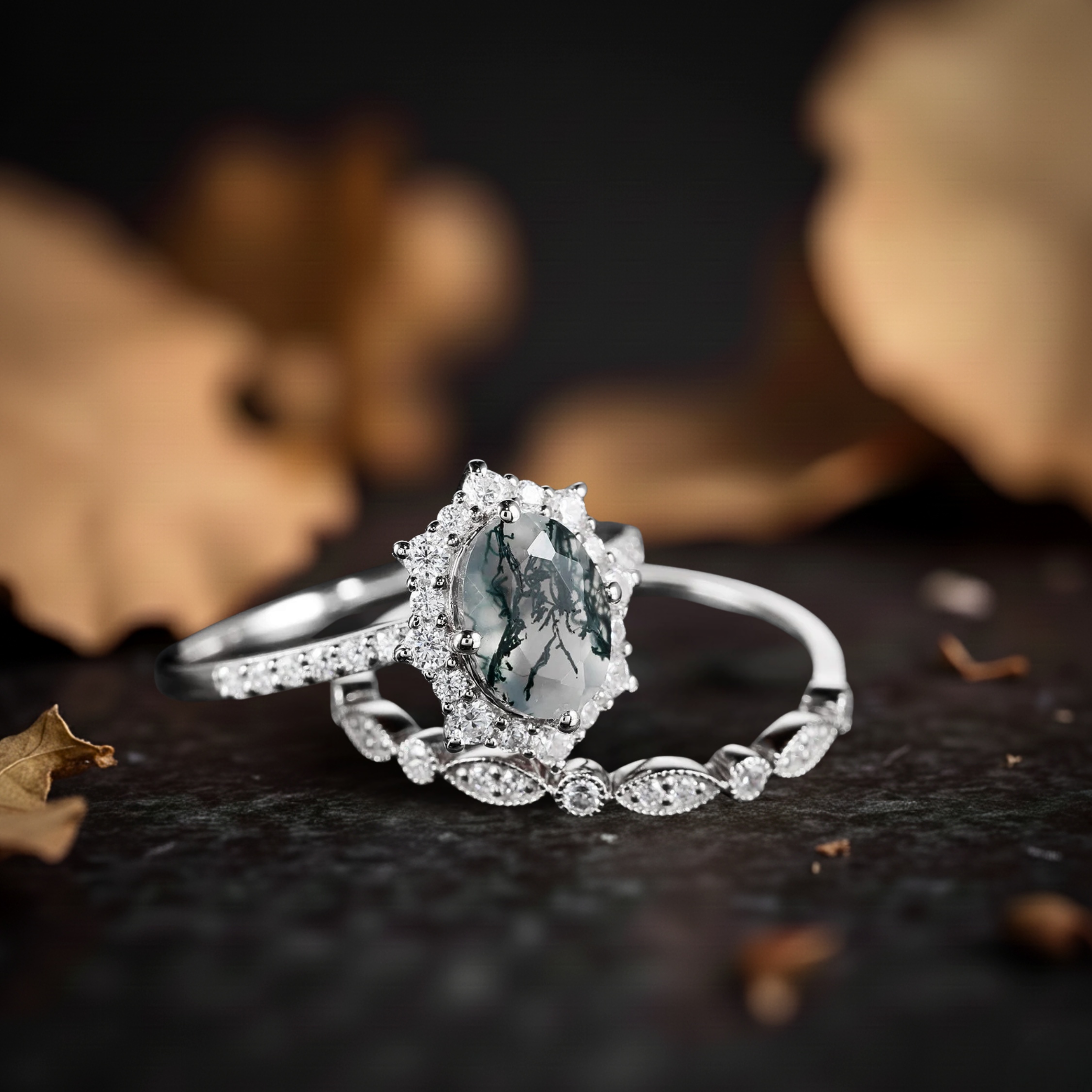 Vintage Moss Agate Halo Engagement Ring Set, Unique Rose Gold Oval Cut Wedding Set, Moss Agate Bridal Set Promise Ring Anniversary Ring Gift