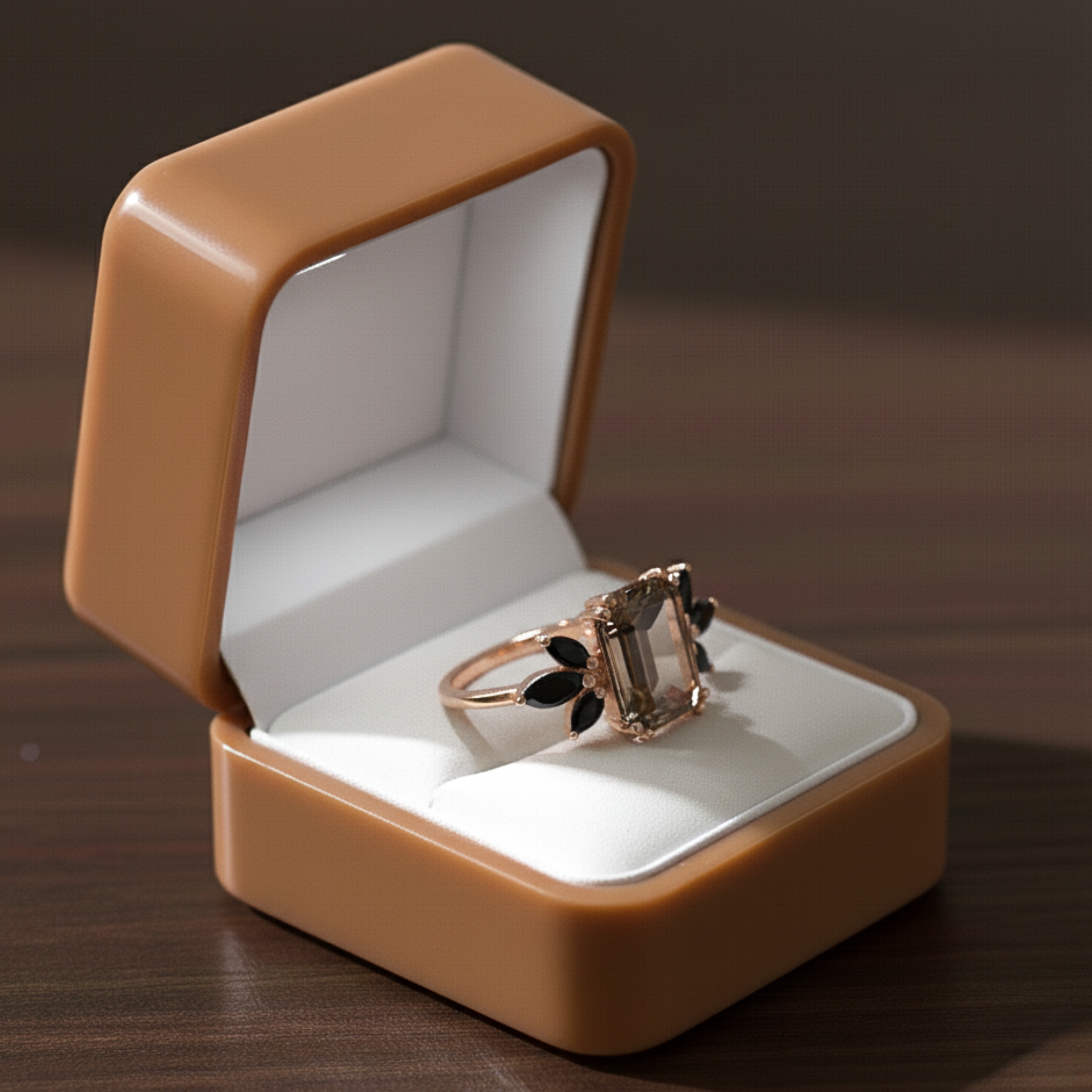 Emerald Cut Smoky Quartz & Marquise Black Onyx Ring, Solitaire Ring, 14K Rose Gold Smoky Quartz Engagement Ring, Anniversary Gift For Women