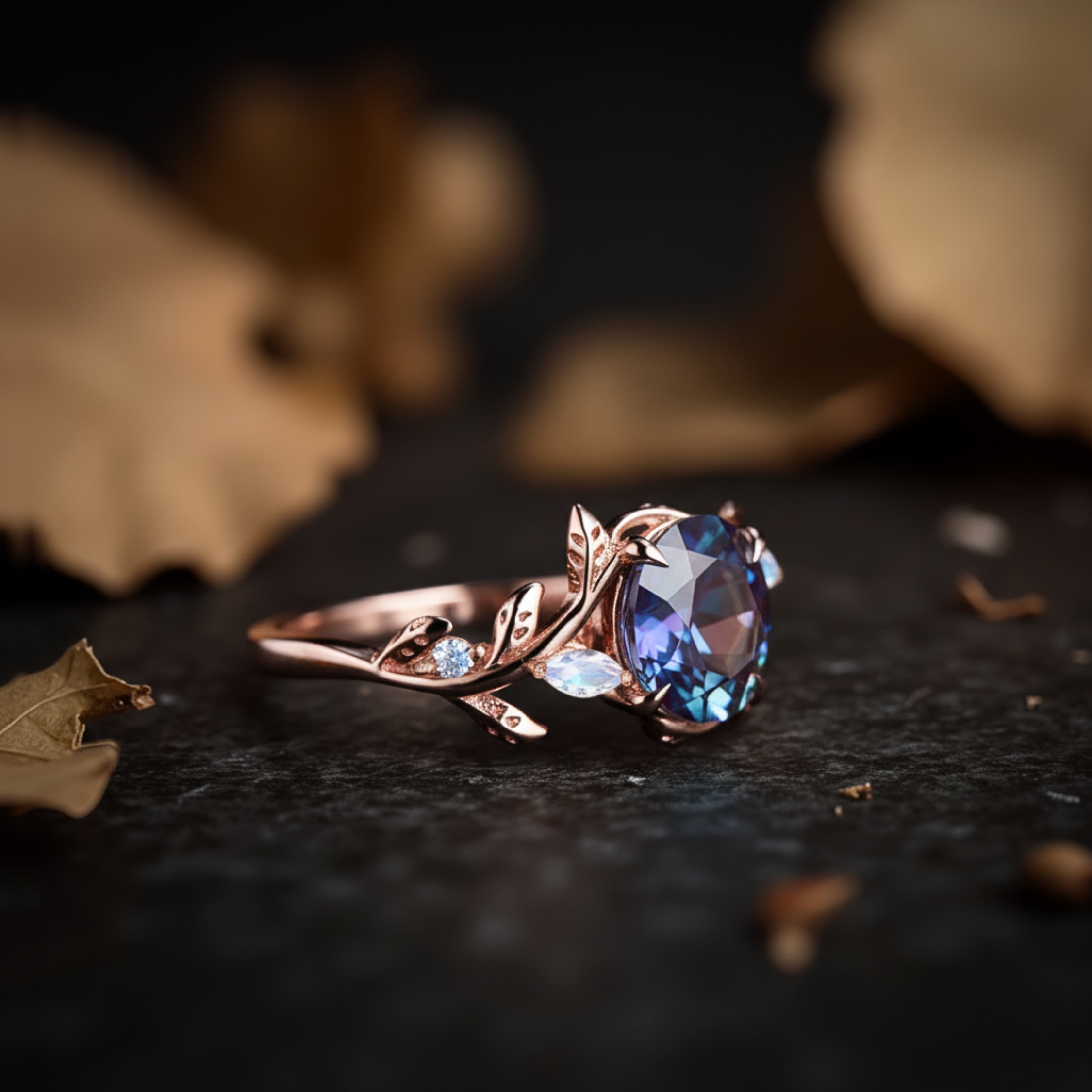 Vintage Round Alexandrite Engagement Ring, Moonstone Nature Inspired Wedding Ring, 14K Gold Delicate  Promise Ring, Anniversary Gift For Her
