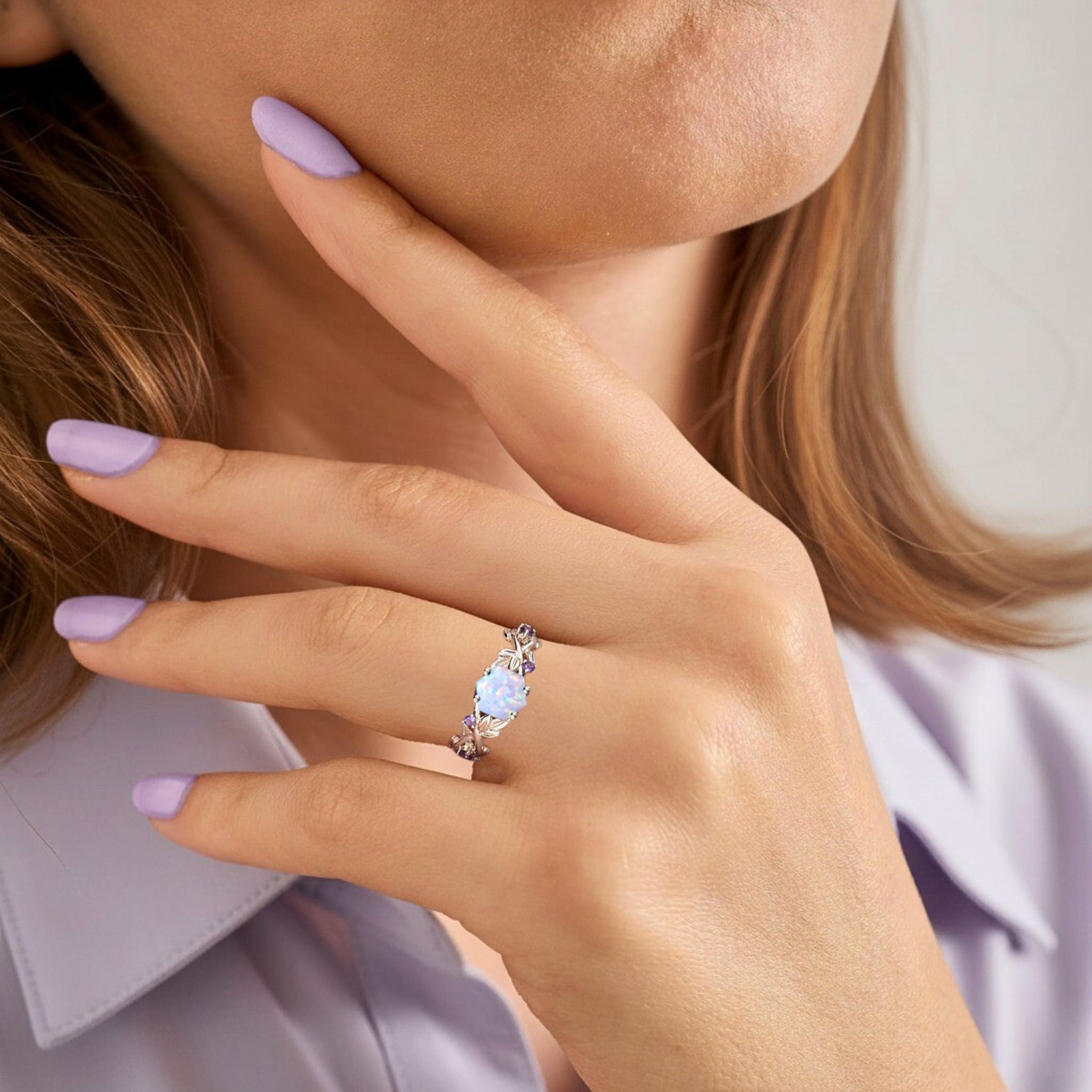 Vintage Hexagon Cut Twig Opal Engagement Ring, White Opal Gold Leaf Amethyst Ring, October Birthstone Ring, Anniversary Gift For Women