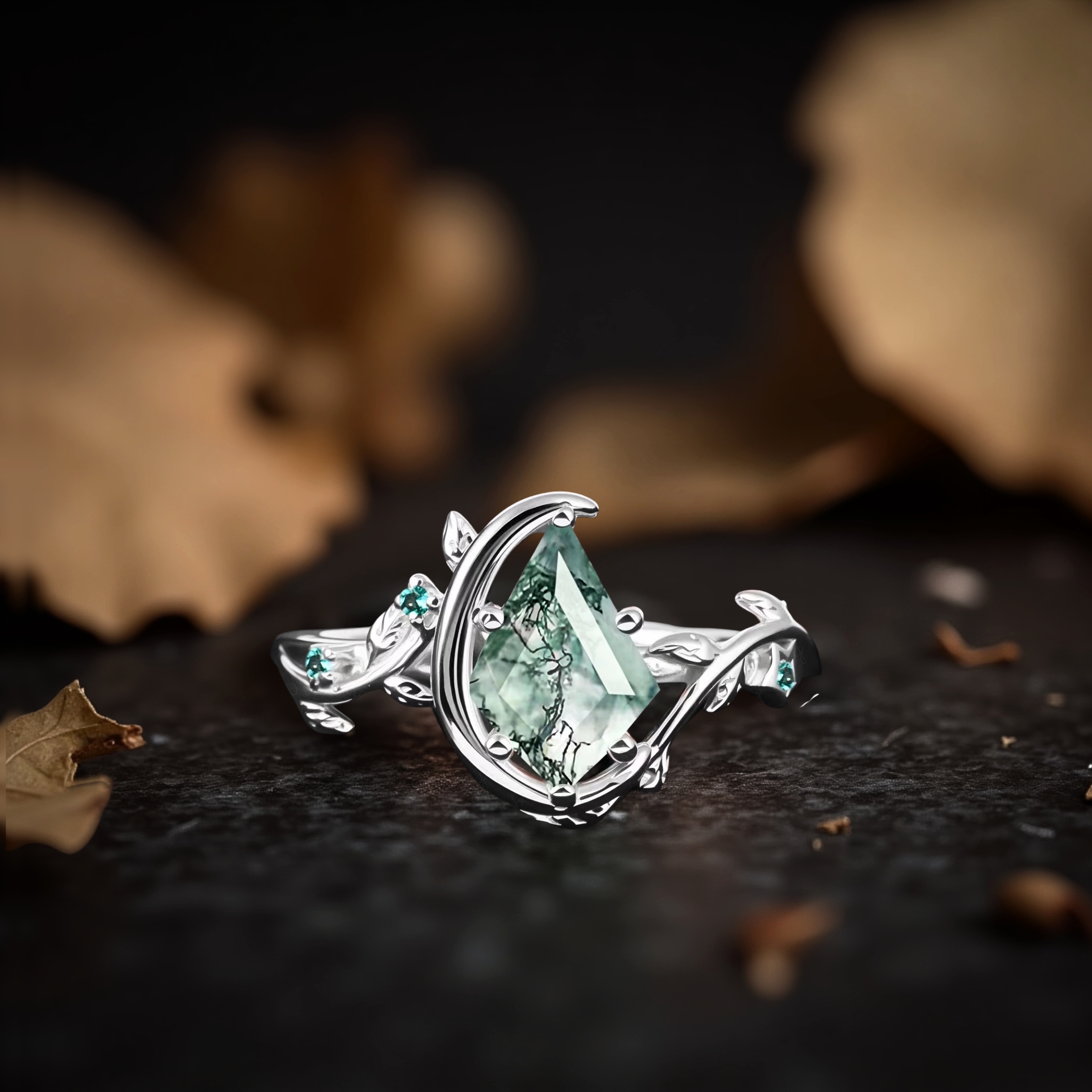 Vintage Kite Moss Agate Engagement Ring Set 14k Solid Gold Leaf Women Moon Green Gemstone Ring Bridal Set Promise Ring Anniversary Gift