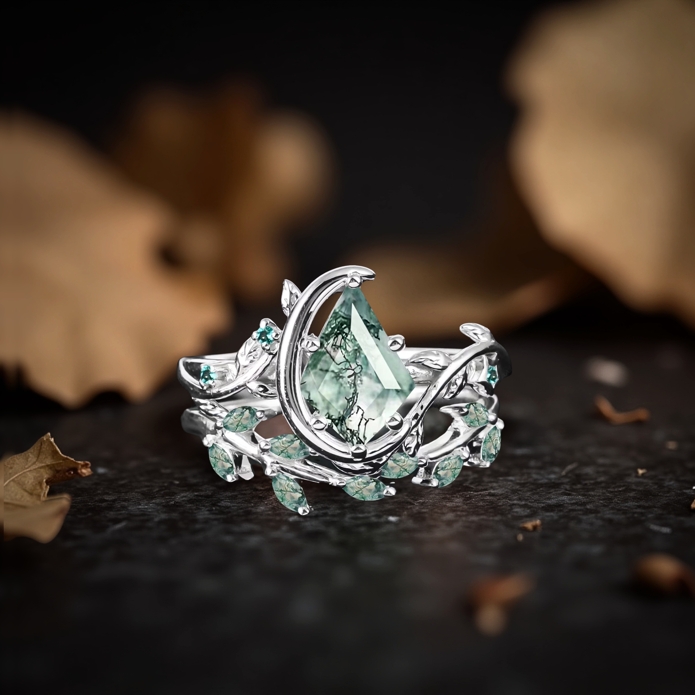Vintage Kite Moss Agate Engagement Ring Set 14k Solid Gold Leaf Women Moon Green Gemstone Ring Bridal Set Promise Ring Anniversary Gift