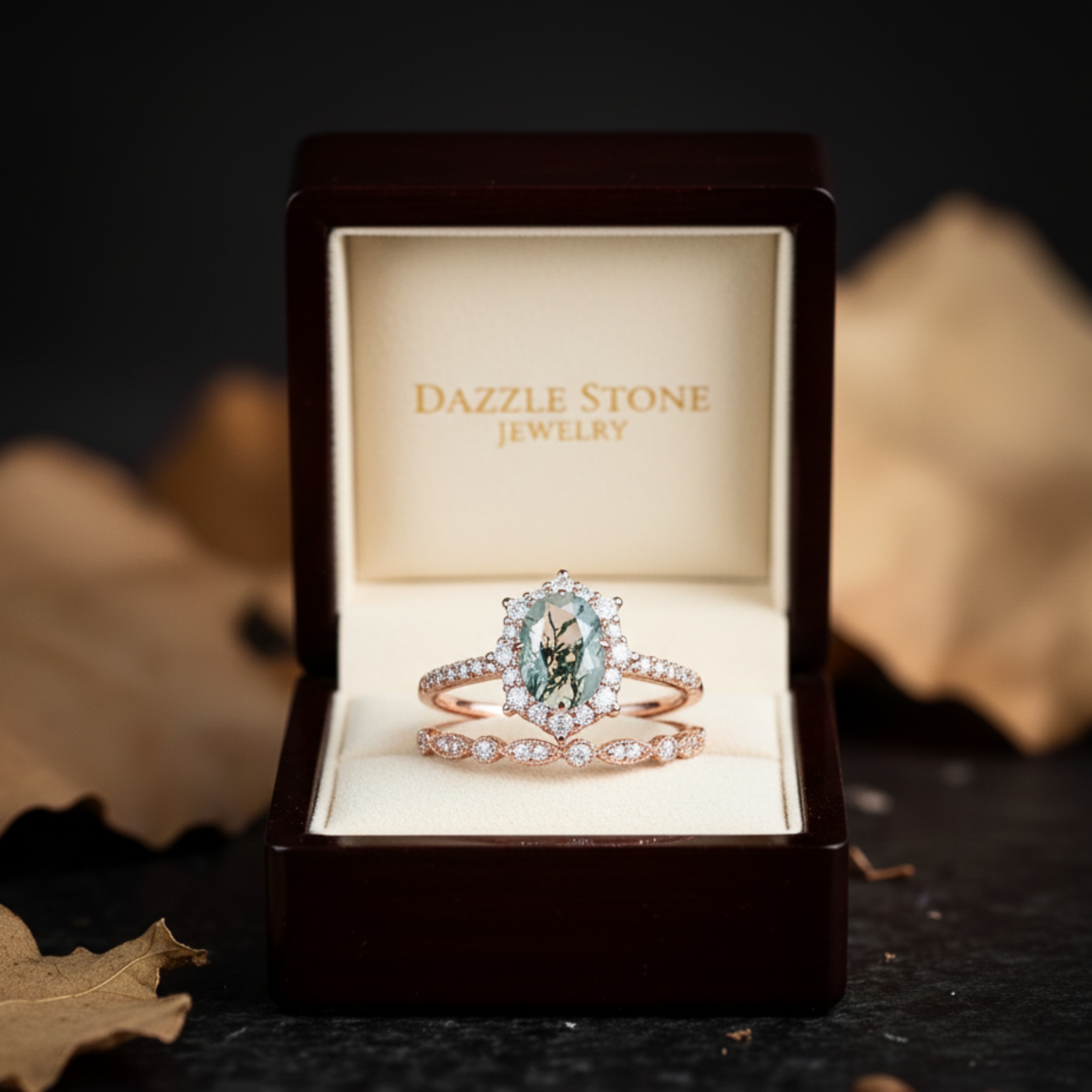 Vintage Moss Agate Halo Engagement Ring Set, Unique Rose Gold Oval Cut Wedding Set, Moss Agate Bridal Set Promise Ring Anniversary Ring Gift