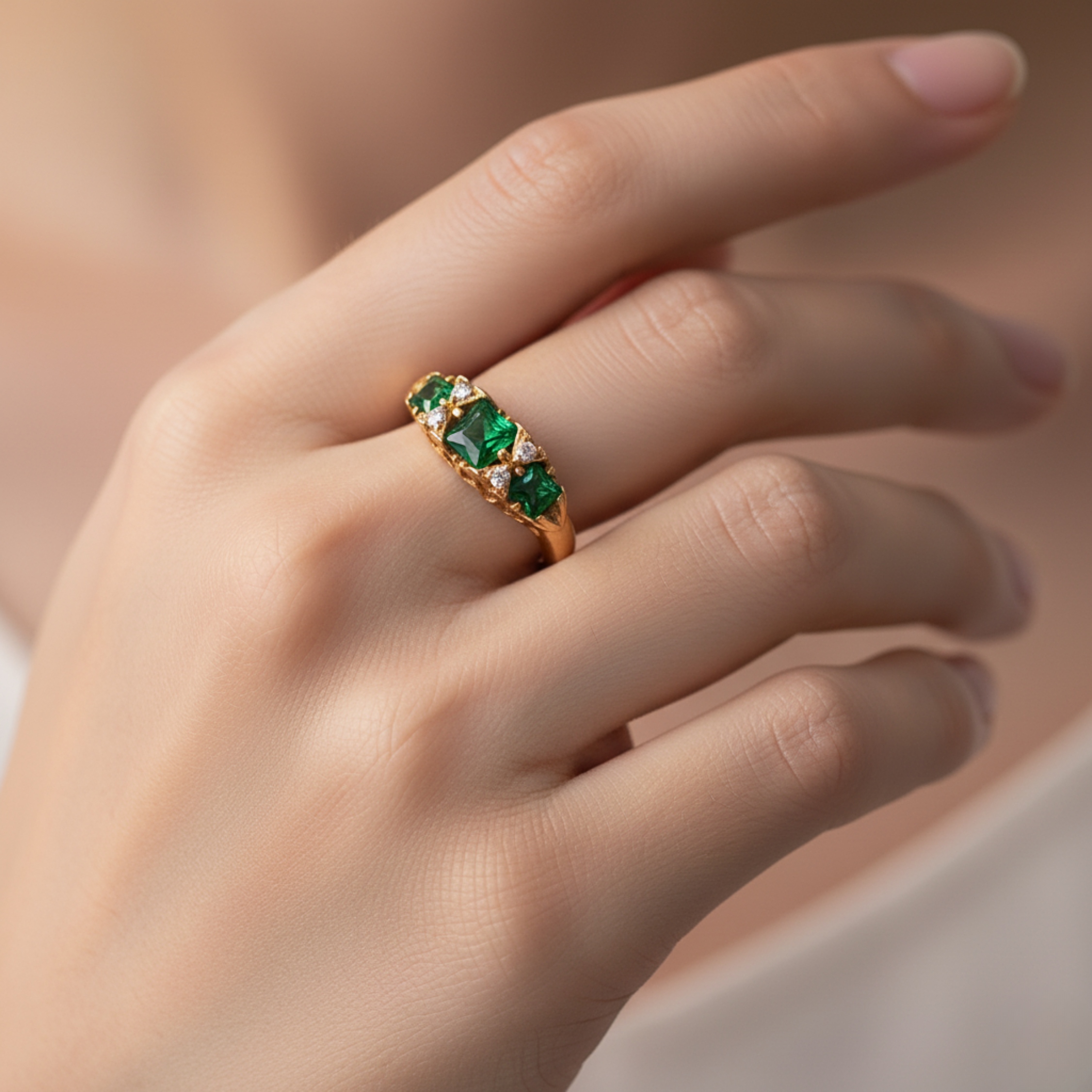 Genuine Emerald Gold Wedding Ring, 14K Gold Vermeil Lab Emerald Engagement Statement Ring, Birthday gift, Vintage Anniversary Gift for her