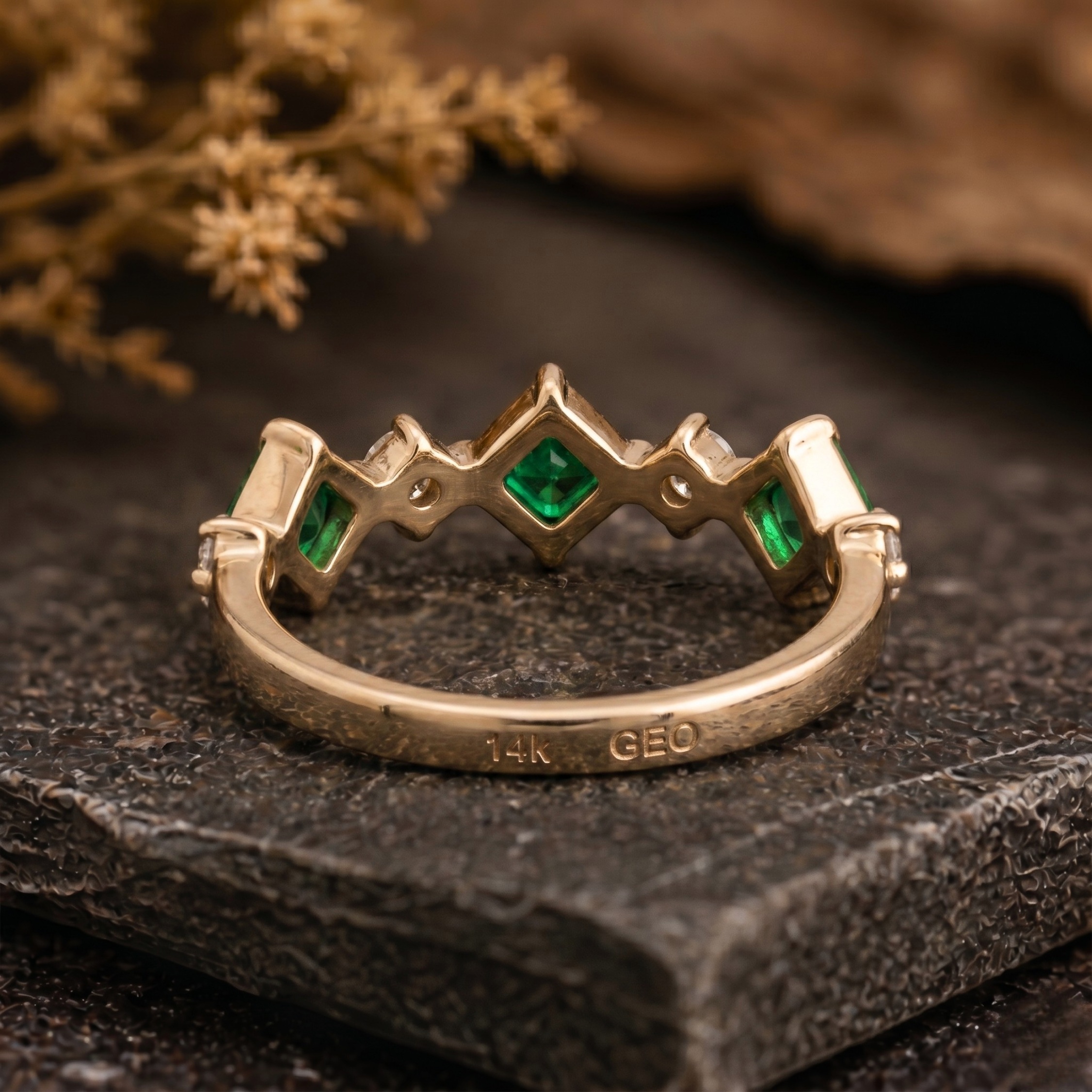 Unique Square Cut Emerald Moissanite Wedding Band/14k Yellow Gold Engagement Ring/Cluster Green Gemstone Matching Anniversary Promise Gift