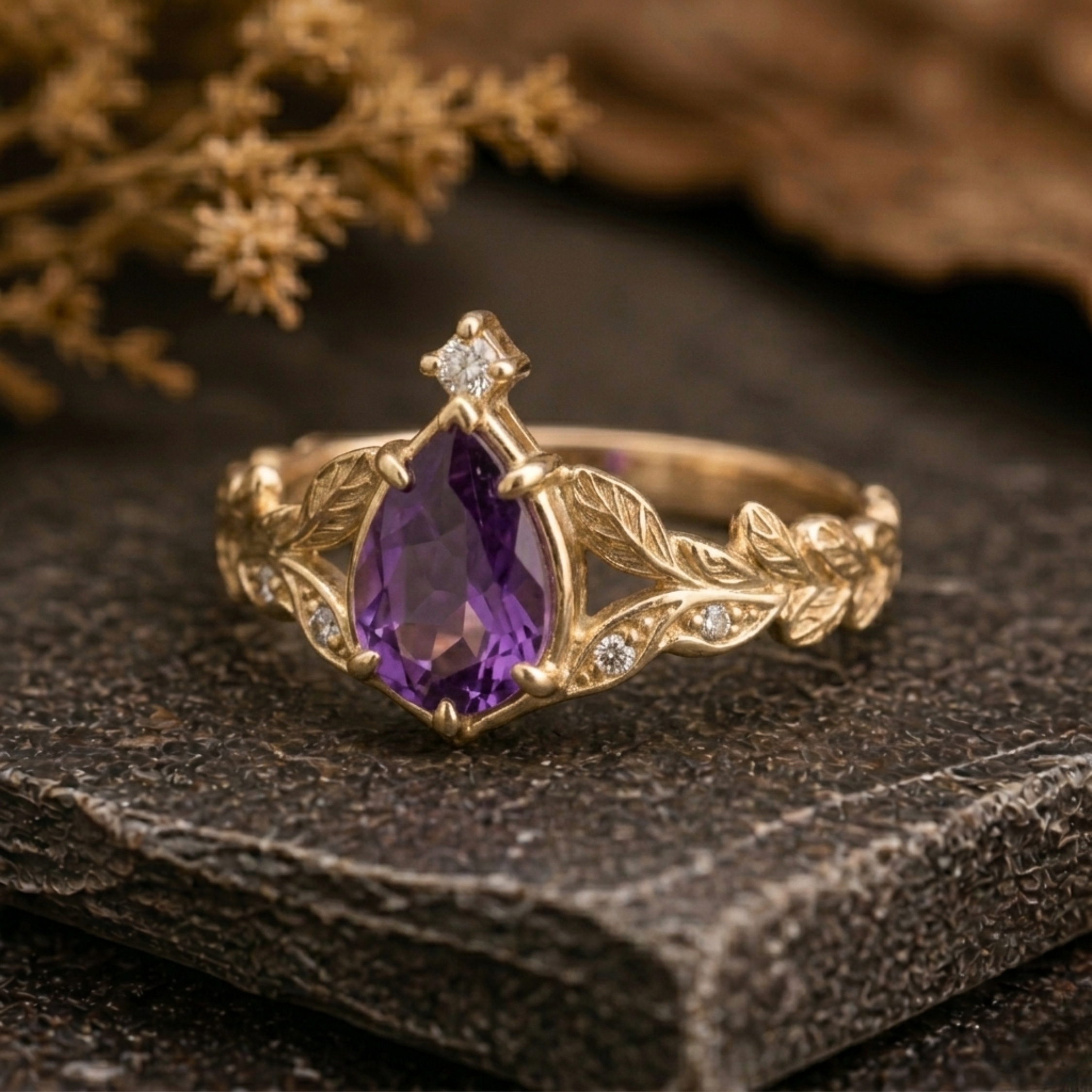 Vintage Amethyst Leaf Engagement Ring/Dainty Nature Inspired Branch Amethyst Moissanite Promise Ring/Purple Stone Wedding Jewelry For Her