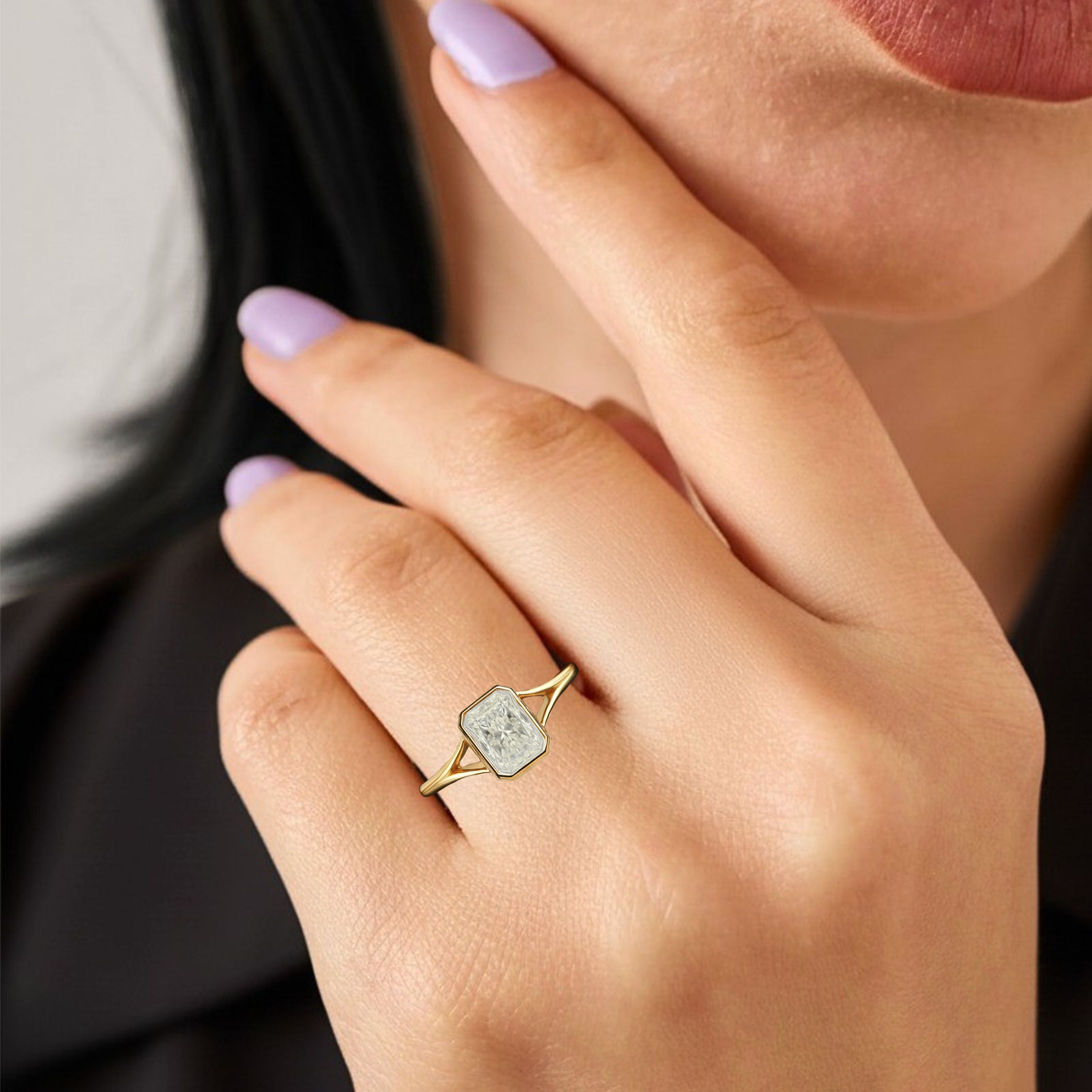Emerald Cut Moissanite Engagement Ring, 14K Solid Gold Minimalist Bezel Set Bridal Jewelry, Modern Classic Wedding Jewelry Gift For Her