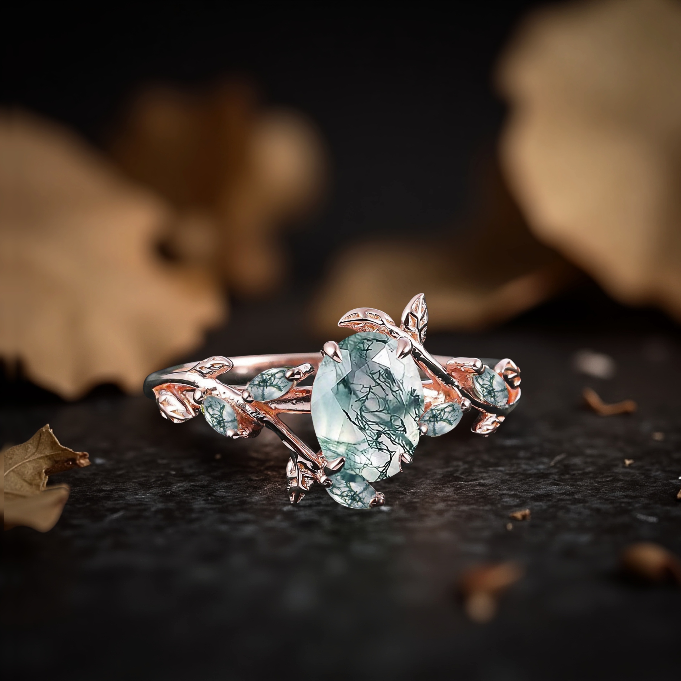 Natural Oval Moss Agate Engagement Ring, 14k Yellow Gold Nature Inspired Leaf Ring, Bridal Jewelry, Anniversary Gift For Women
