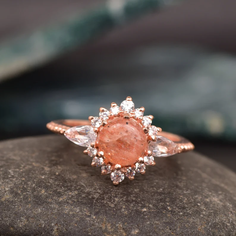 Round Cut Natural Sunstone Engagement Ring, Gemstone Heal Crystal Ring, Energy Jewelry Gift Women, Promise Ring, Minimalist Wedding Ring