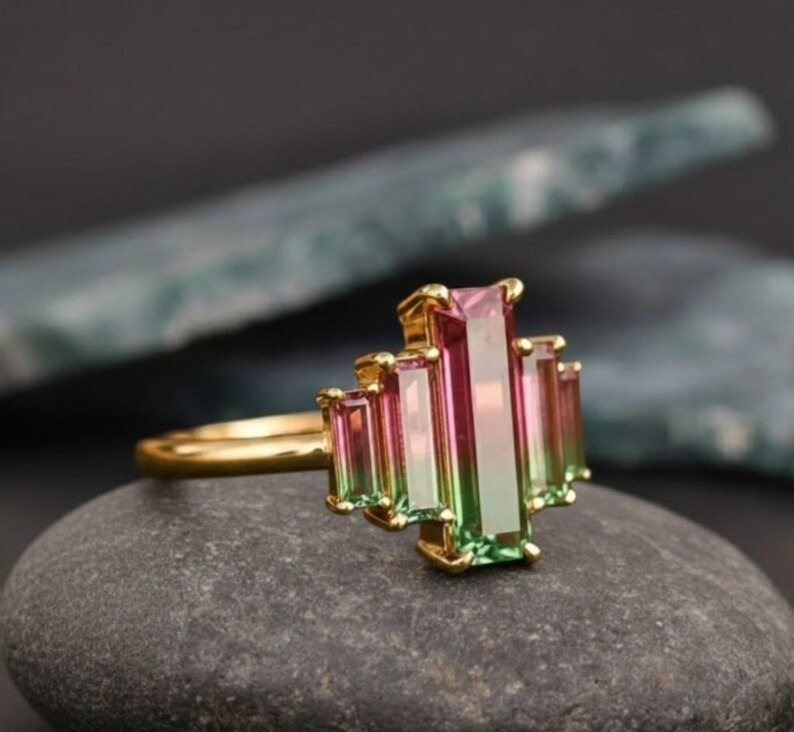 Vintage Baguette Cut Watermelon Tourmaline Wedding Ring, Pink & Green Gemstone Ring, Five Stone Engagement Ring, Anniversary Gift For Women