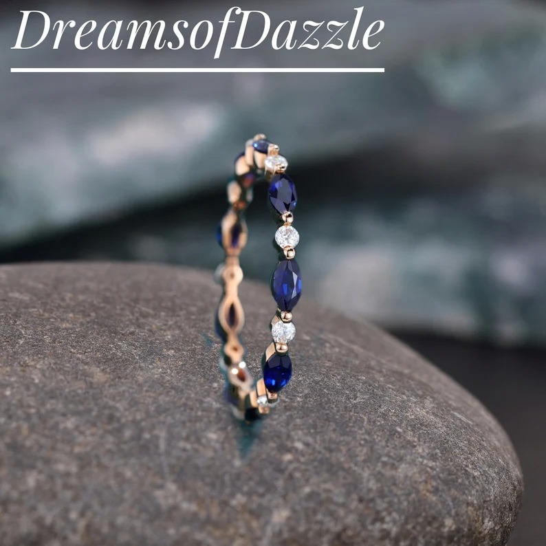 Full Eternity Stackable Band Lab Blue Sapphire Band CZ Solid 925 Sterling Silver Wedding Band, Eternity Band September Stone