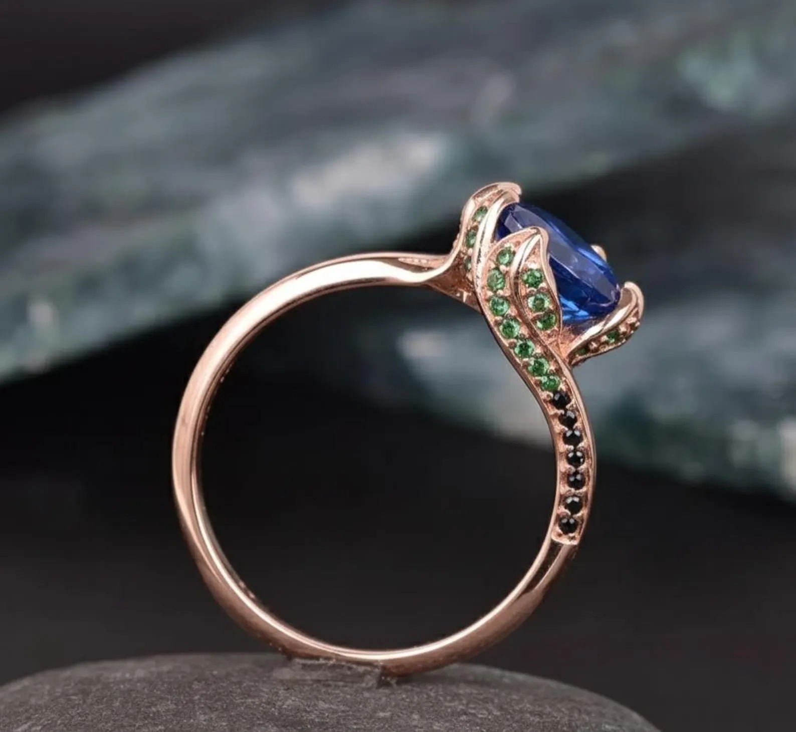 Blue Sapphire Engagement Ring, 14k Gold Round Cut Blue Gemstone Ring, Handmade Art Deco Green And Black Accents Ring, Anniversary Jewelry