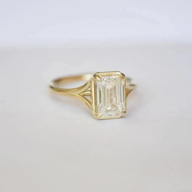 Emerald Cut Moissanite Solitaire Ring, Dainty 14K Gold Split Shank Ring, Diamond Solitaire Bridal Promise Ring, Anniversary Gift For Women
