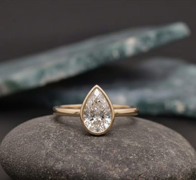 2CT Pear Cut Moissanite Engagement Ring, 14K Yellow Gold Ring, Bezel Set Solitaire Ring, Minimalist Bridal Ring for Her, Personalized Gift