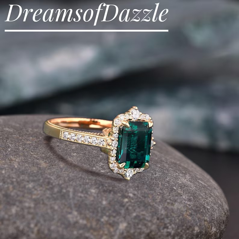 Emerald Engagement Ring 4ct Emerald Cut Solid 14K Gold Engagement Ring Cluster Ring Moissanite Bridal Ring Promise Ring Anniversary Gift