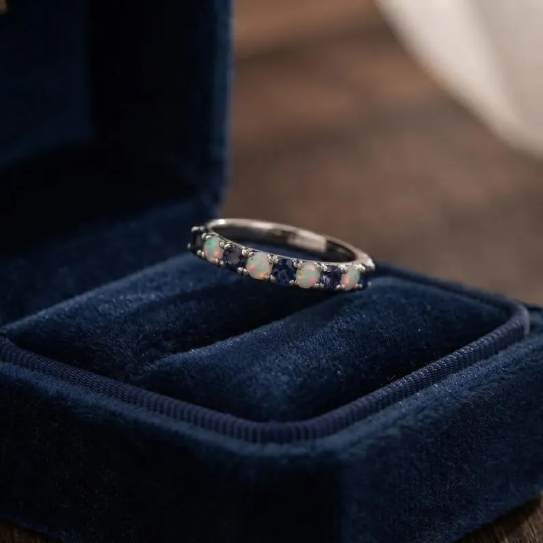 Opal Wedding Band, Dainty Opal and Sapphire Half Eternity Band, Matching Band, Birthstone Ring, Stacking Ring, Anniversary Gift For Women