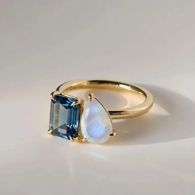 Toi Et Moi London Blue Topaz Engagement Ring, Topaz & Moonstone Wedding Ring, Antique Two Gemstone Bridal Ring,Anniversary Gift Ring For Her