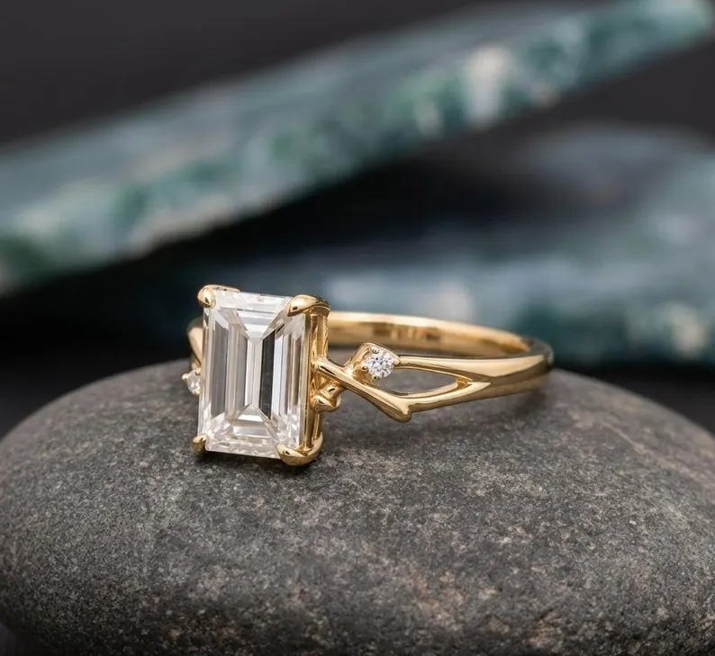 3CT Emerald Moissanite Engagement Ring, 14K Gold Hidden Halo with Diamond Cluster Ring, Nature Inspired Moissanite Ring, Anniversary Gift