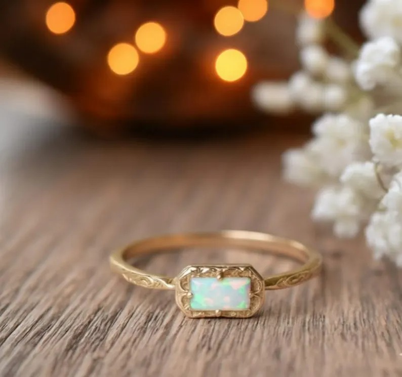 Dainty Opal Ring, Opal Gemstone Baguette Cut Ring, 14k Rose Gold Plated Ring, October Birthstone Ring, Minimalist Stacking Ring Gift For Her