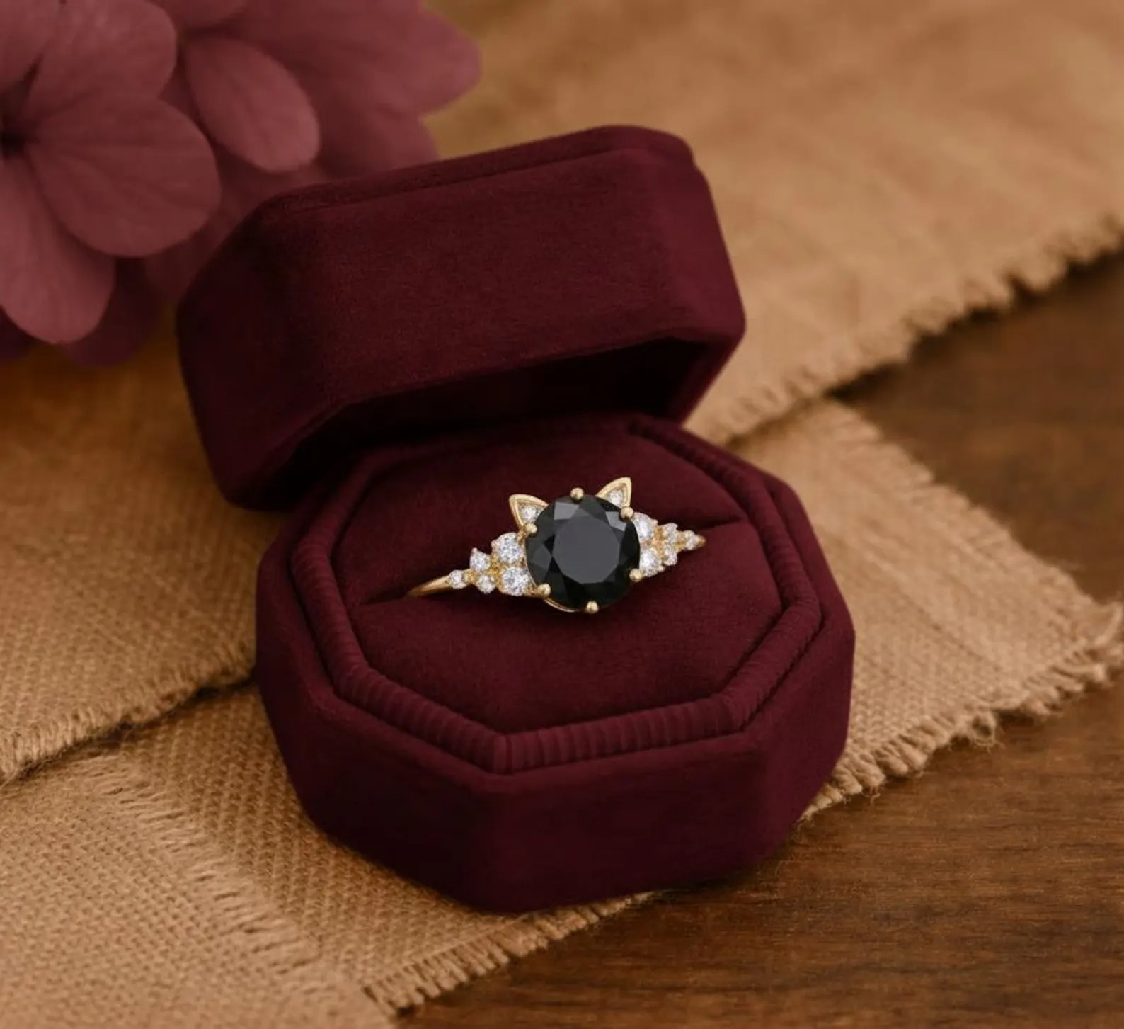Unique Cat Ring Black Gemstone Rose Gold Ring, Unique Cat Lover Gift, Round Black Onyx Diamond Engagement Ring, Cat Ear Promise Ring for Her