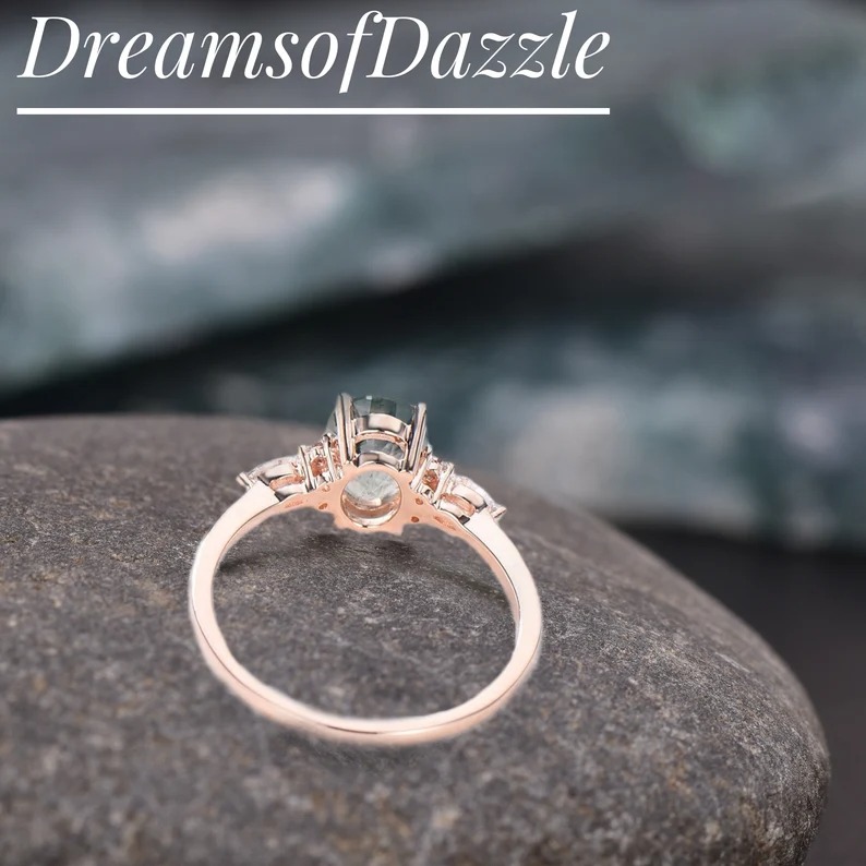 1.5ct Oval Cut Natural Moss Agate Engagement Rings Rose Gold Silver Cluster Aquatic Agate Promise Ring Marquise Moss Moissanite Wedding Ring