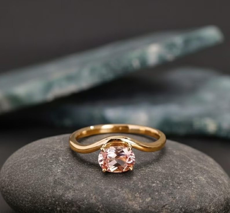 Oval Shaped Pink Sapphire Engagement Ring, Curved Wedding Band, Unique Bridal Gemstone Ring, Personalized Anniversary Ring Gift For Women