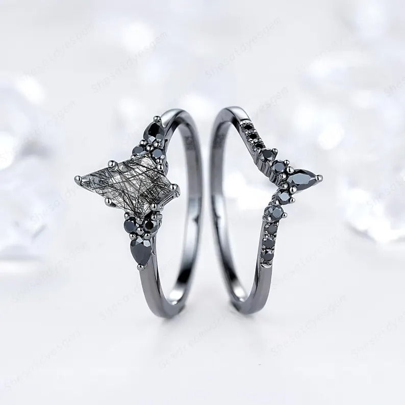 Black Gold Kite Cut Black Rutilated Quartz Engagement Ring Set, Witchy Black Promise Ring, Black Wedding Ring Set, Goth Black Bridal Set