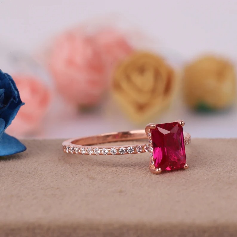 8*11mm Emerald Cut Lab Created Ruby Ring, Solid Yellow Gold Engagement Ring, Moissanite Bridal Ring, Wedding Promise Ring, Red Gemstone Ring