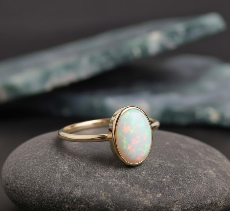 Oval Opal Ring-14k Solid Gold Ring, October Birthstone Ring, Oval Cut Natural Opal Anniversary Ring, Gift For Her, Matching Stackable Ring