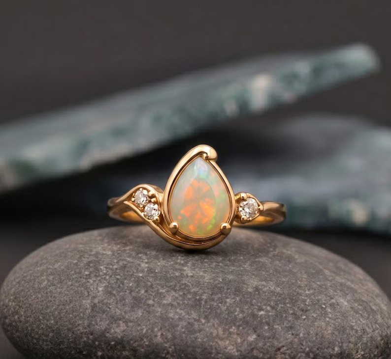 Opal Ring-14k Solid Gold Ring, Pear Cut White Gemstone Gold Ring with Diamond Accents, Vintage Opal Promise Ring for Women, Bridal Jewelry