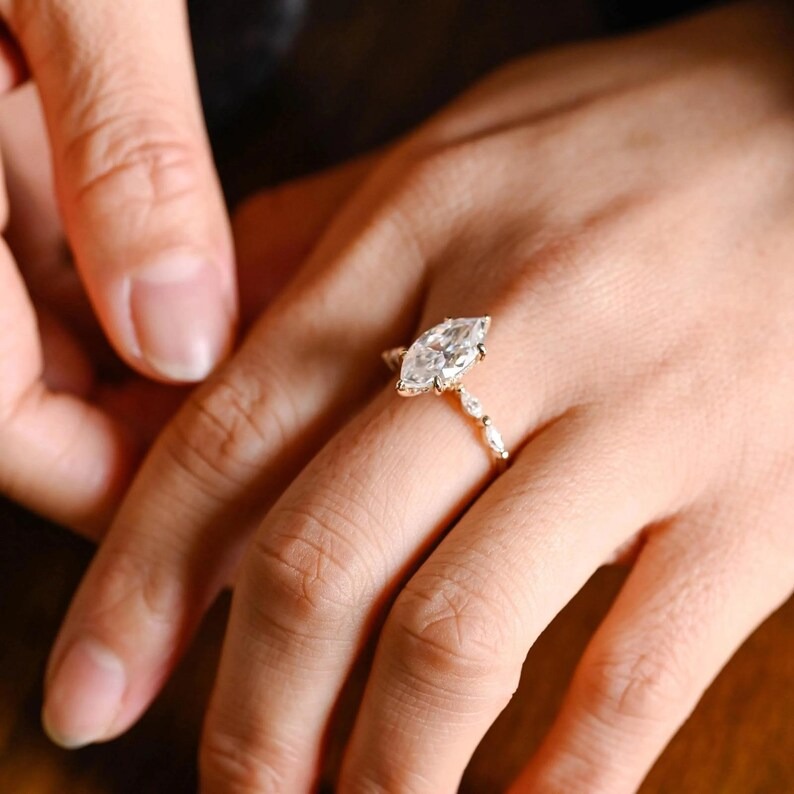 Marquise Cut Moissanite Engagement Ring, Hidden Halo Weeding Ring With Marquise Side Gemstone Accent Ring, Anniversary & Bridal Gift For Her