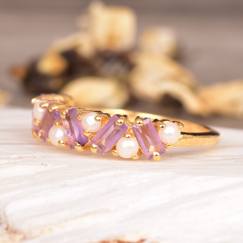 Pearl Eternity band Ring, Women Band Ring, Half Eternity band, Fresh water pearl ring, stackable matching ring, Minimalist Anniversary Ring