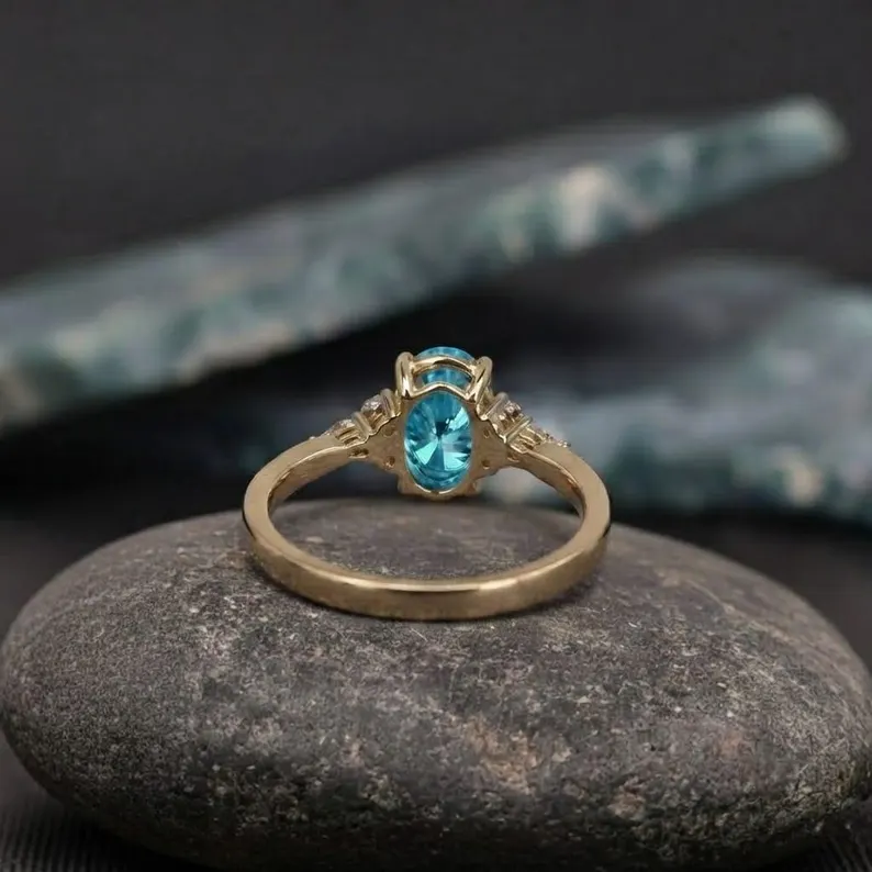 Oval Aquamarine Ring, 2.50 Ct Oval Shape Engagement Ring, Vintage Diamond Accent Ring, Cluster Bridal 14k Yellow Gold Wedding Ring For Woman