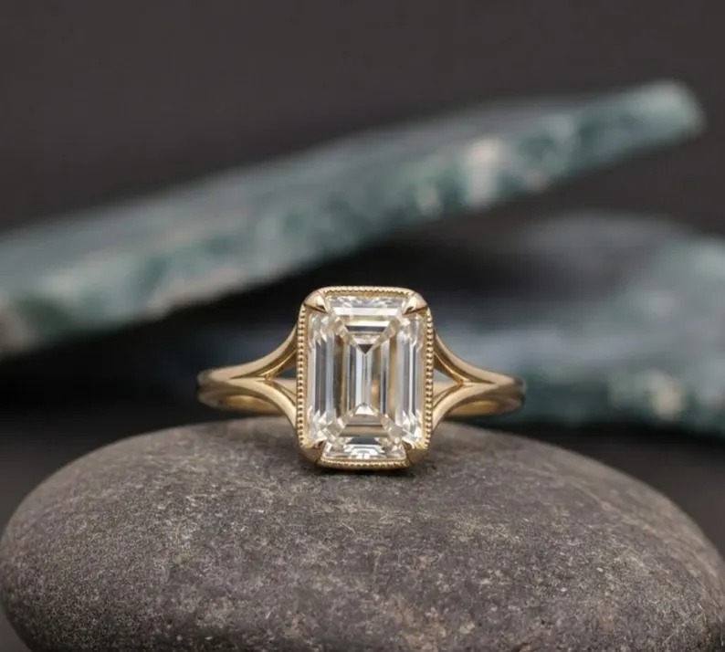 Emerald Cut Moissanite Solitaire Ring, Dainty 14K Gold Split Shank Ring, Diamond Solitaire Bridal Promise Ring, Anniversary Gift For Women
