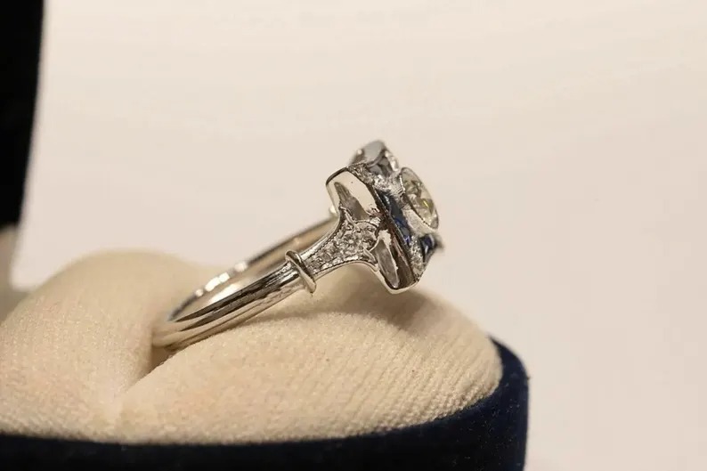 Antique Inspired Old European Diamond Ring – Edwardian Sapphire Engagement Ring – Art Deco Vintage Proposal Ring – Victorian Gift for Women